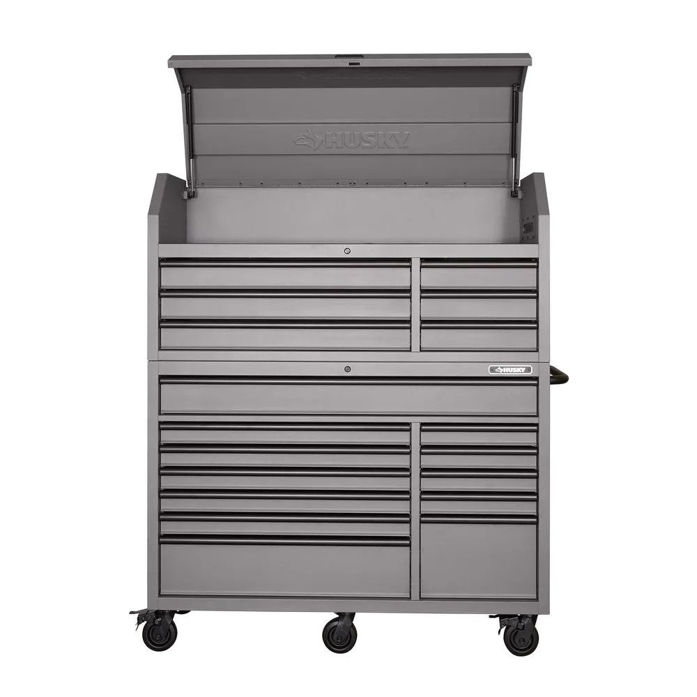 Coffre à outils et armoire combinés robustes de 142 cm de large et 18 tiroirs, gris mat