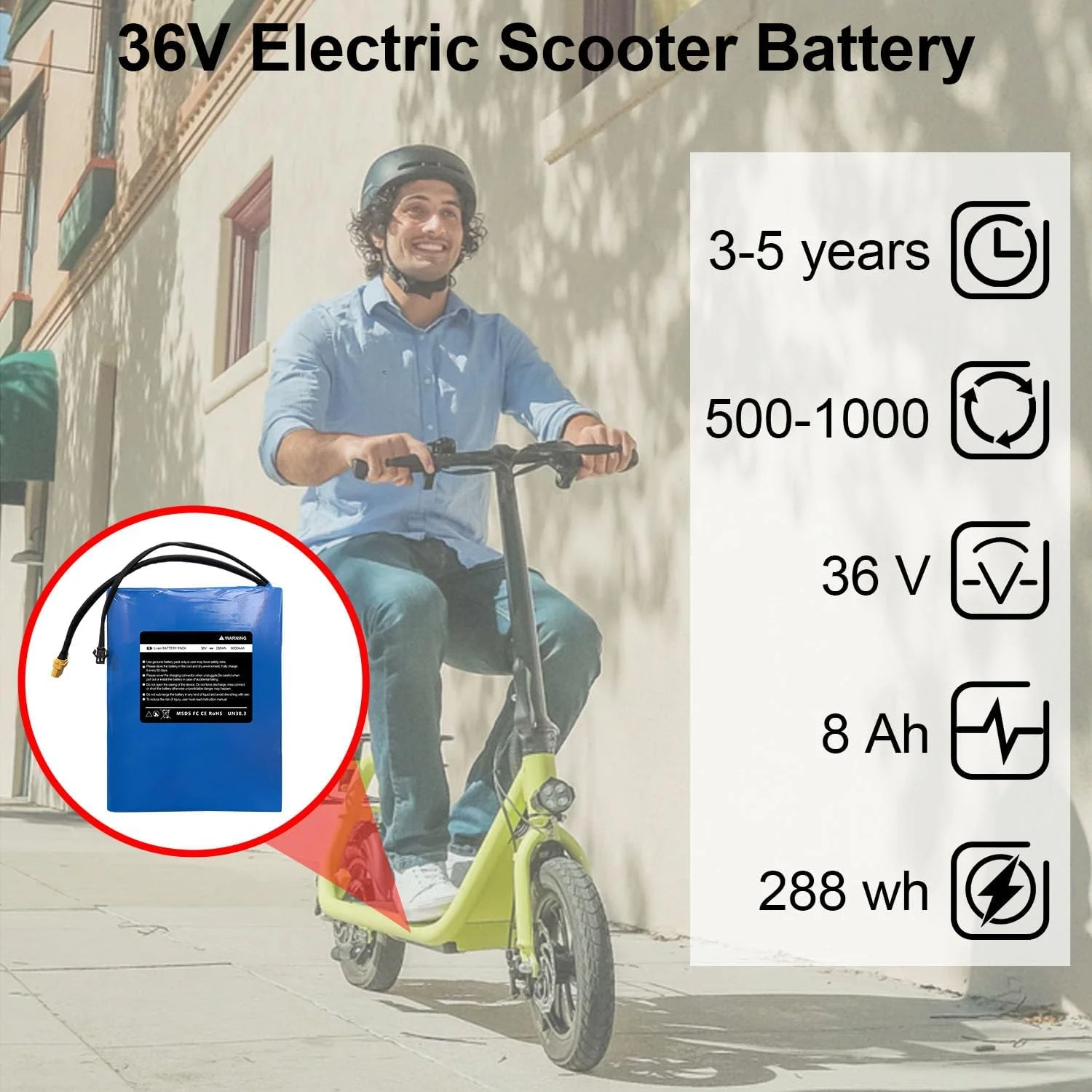 36V 8Ah Electric Scooter Battery Compatible for R1 Electric Scooters 36V Electric Scooter Replacement Battery 288Wh Li-ion Power Batteries, Size: 7.68 * 5.2 * 1.50 inch - Image 7