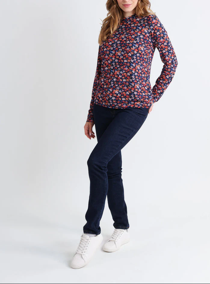 T-shirt femme coton à fleurs bleu marine