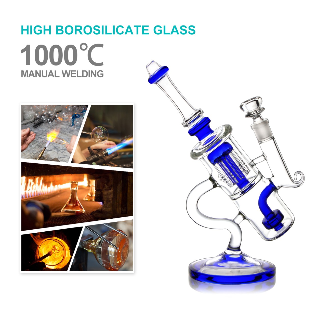High borosilicate glass construction of the blue recycler bong