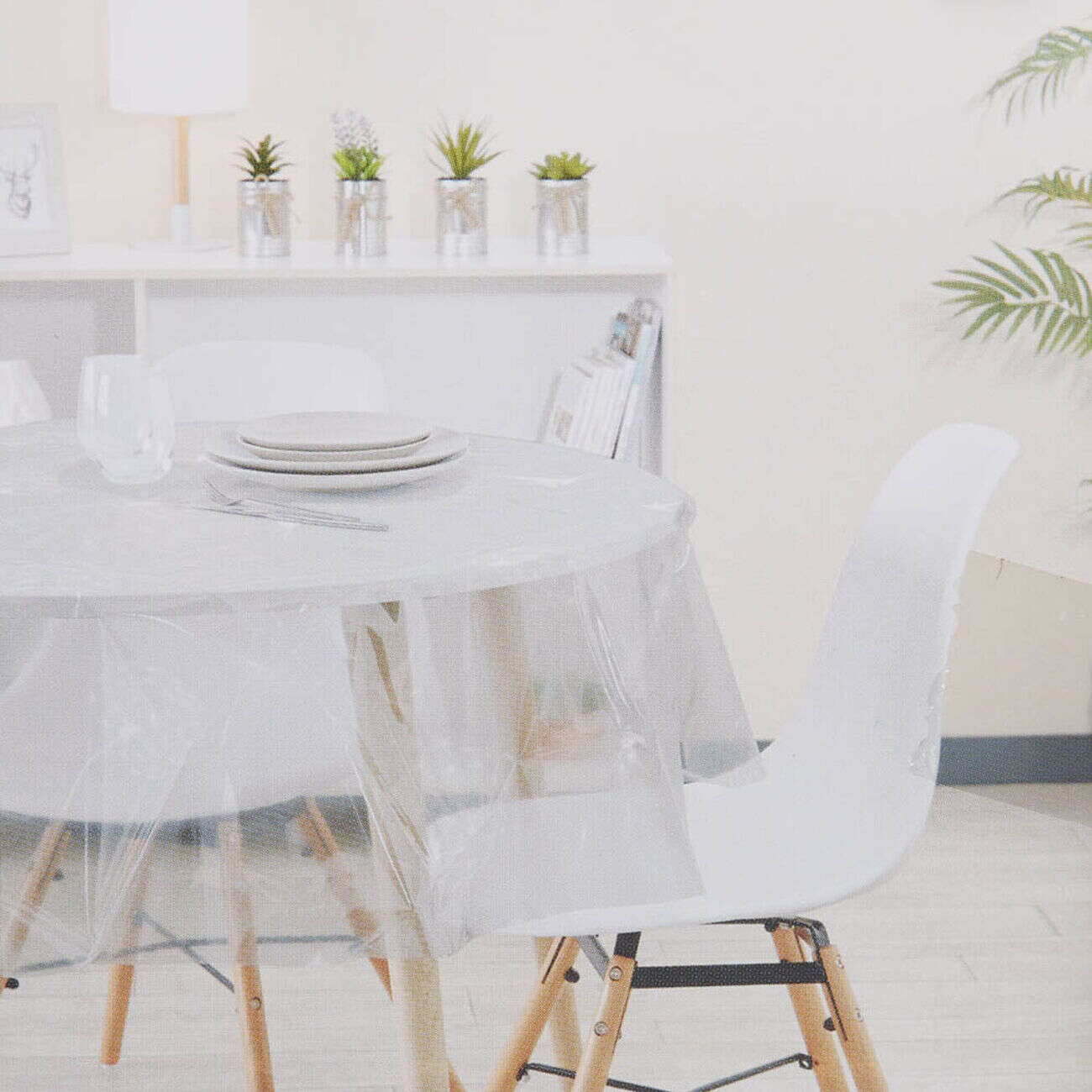 Nappe ronde plastique transparent motif pissenlit blanc