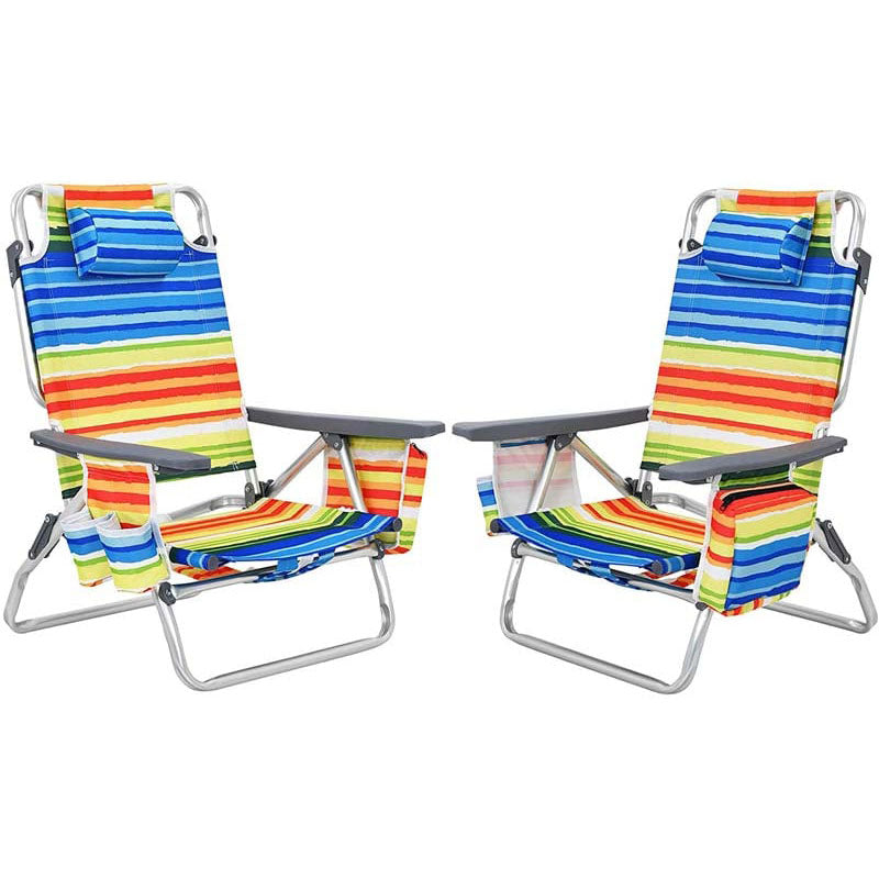 Lot de 2 chaises de plage pliantes avec sac à dos, réglables en 5 positions, idéales pour le camping et les activités de plein air. Elles sont équipées d'un sac isotherme et d'un porte-gobelet.