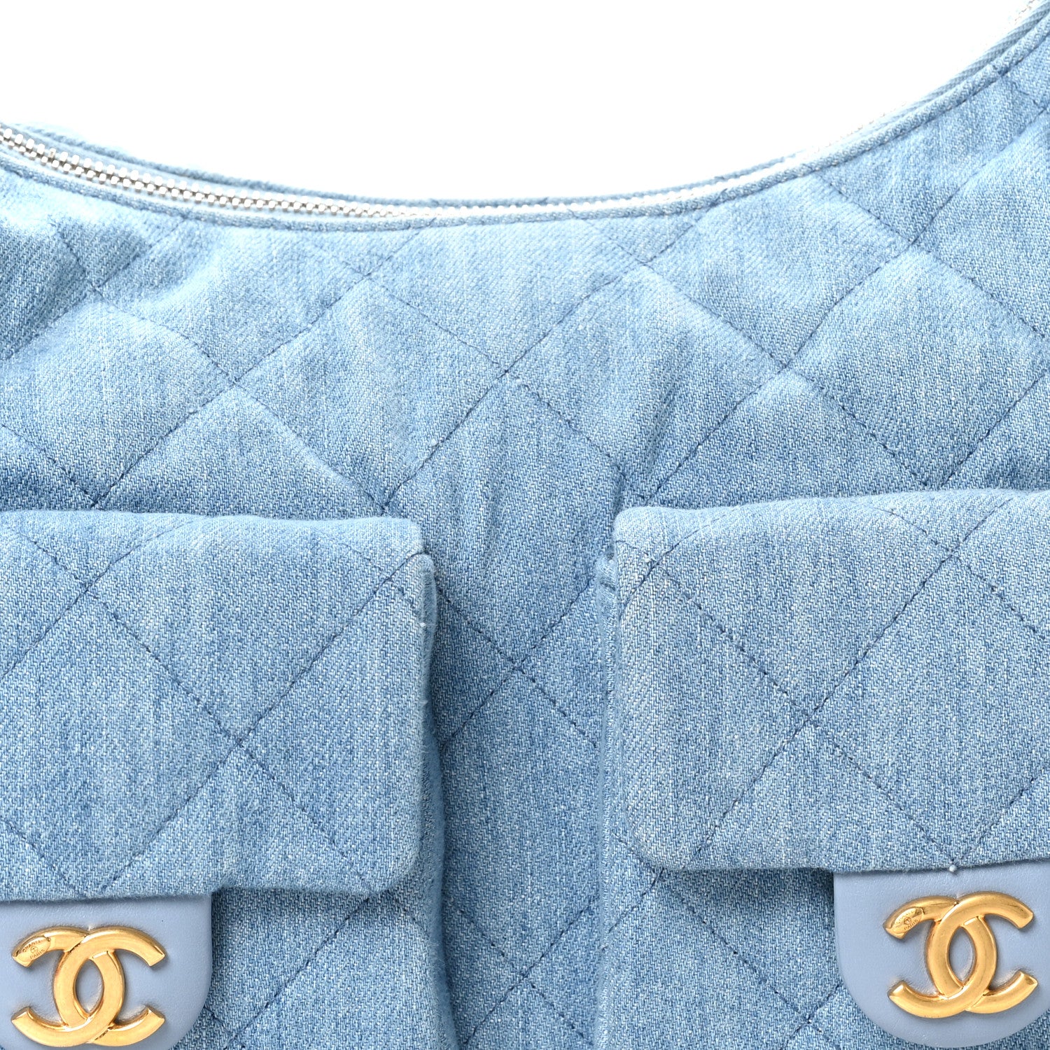 Washed Denim Quilted Large Trendy Pockets Hobo Blue