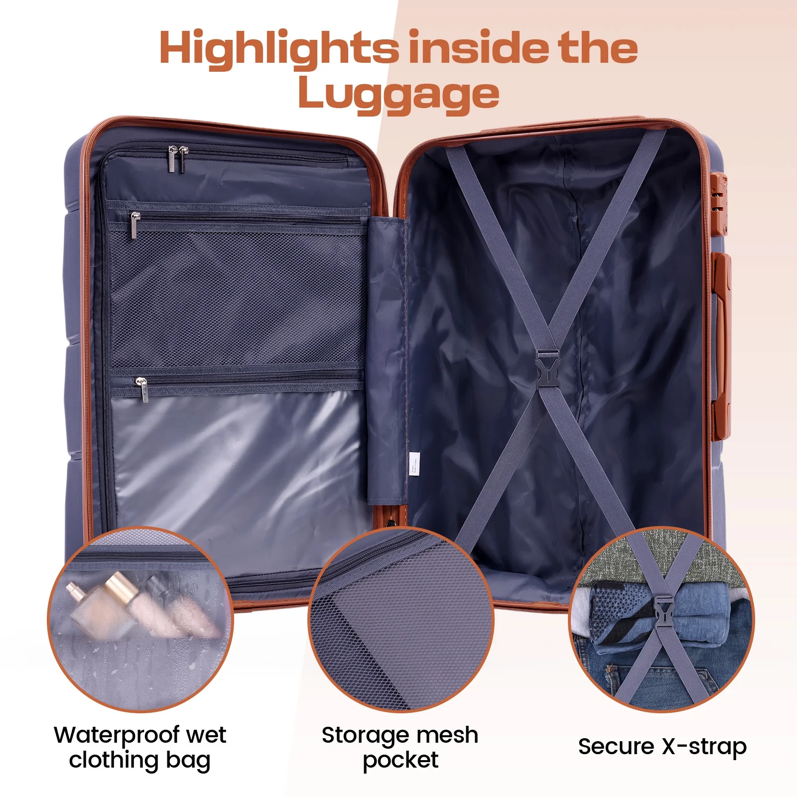 3 Piece Luggage Sets with Wheels, Hardshell 3 Pc Suitcases with TSA Lock Hardside Lightweight 3-Piece Hardshell Luggage Sets for Travel 20in 24in 28in, Blue - Image 3