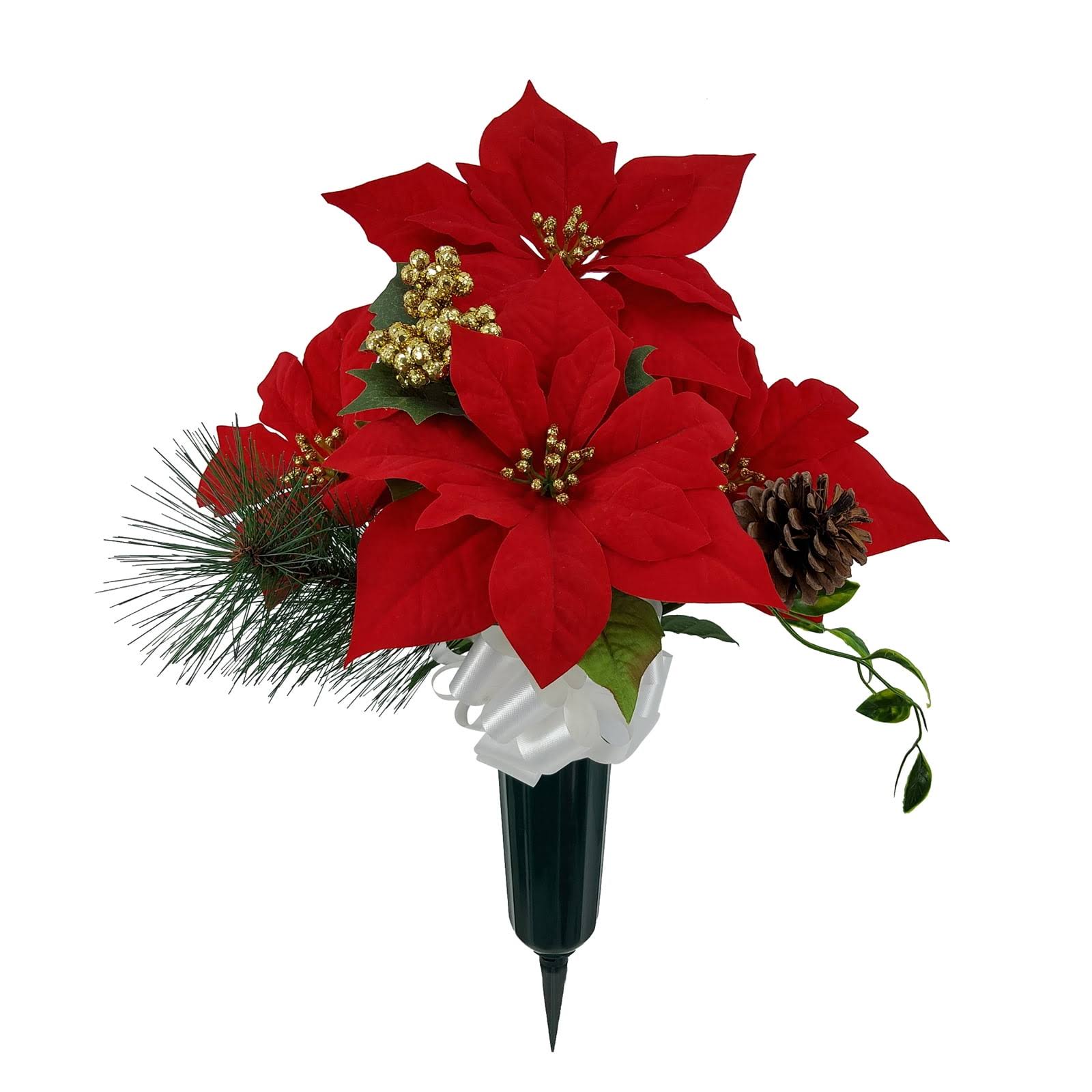 Mainstays 18 inch Artificial Floral in Solid Green Cemetery Vase, Polyester Red Poinsettia Gold Berry.