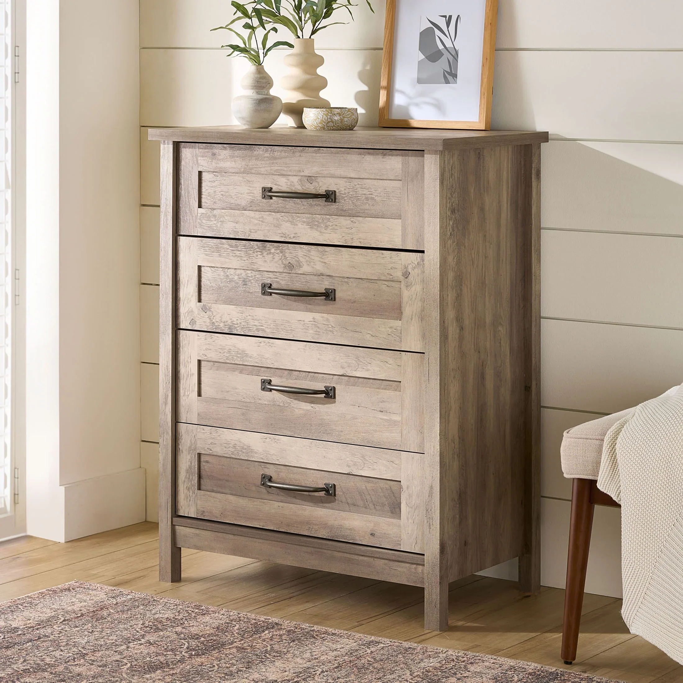 Better Homes & Gardens Modern Farmhouse 4-Drawer Dresser, Rustic White Finish