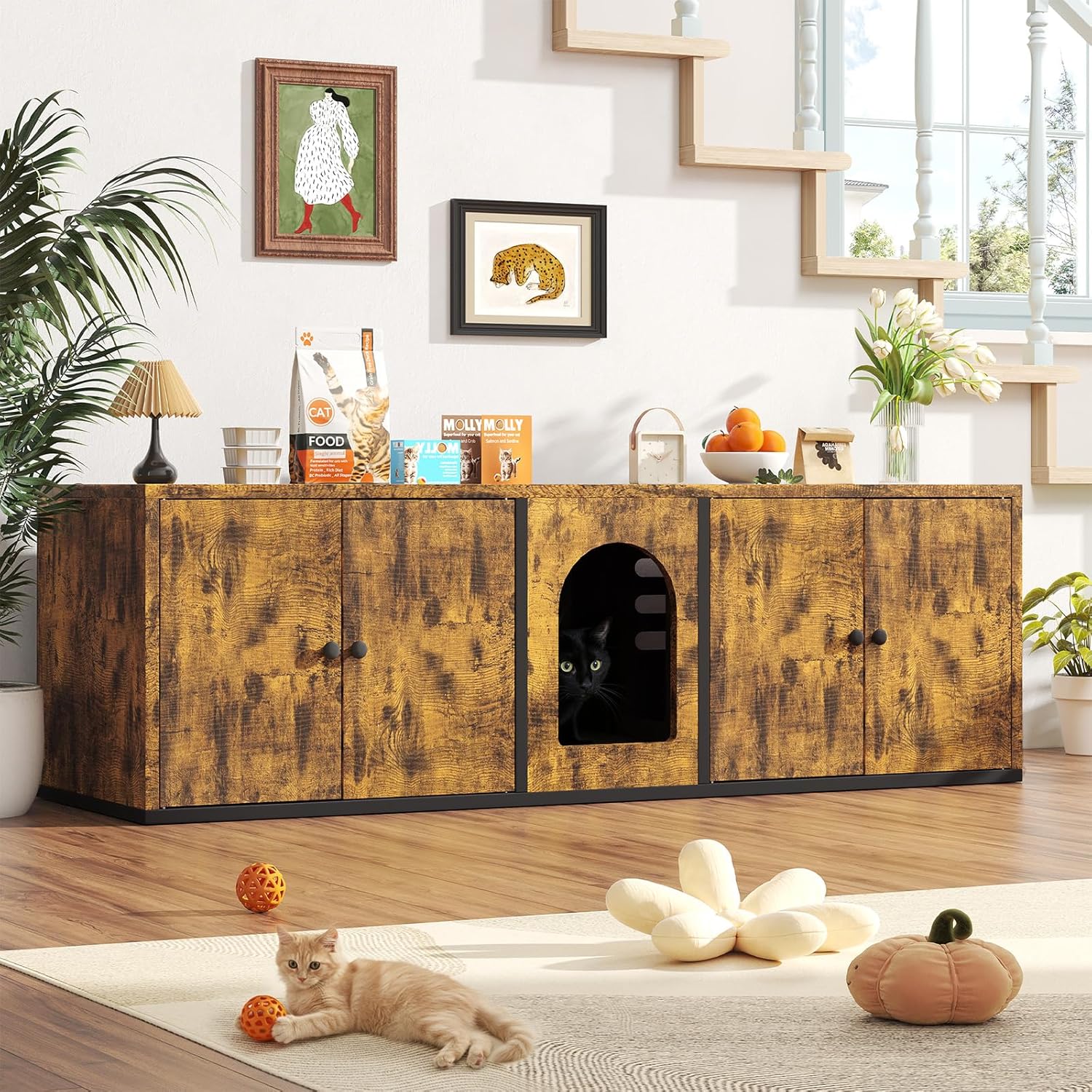 AECOJOY Double Litter Box Enclosure, Wooden Cat Washroom Furniture, Modern Litter Box Furniture for 2 Cats