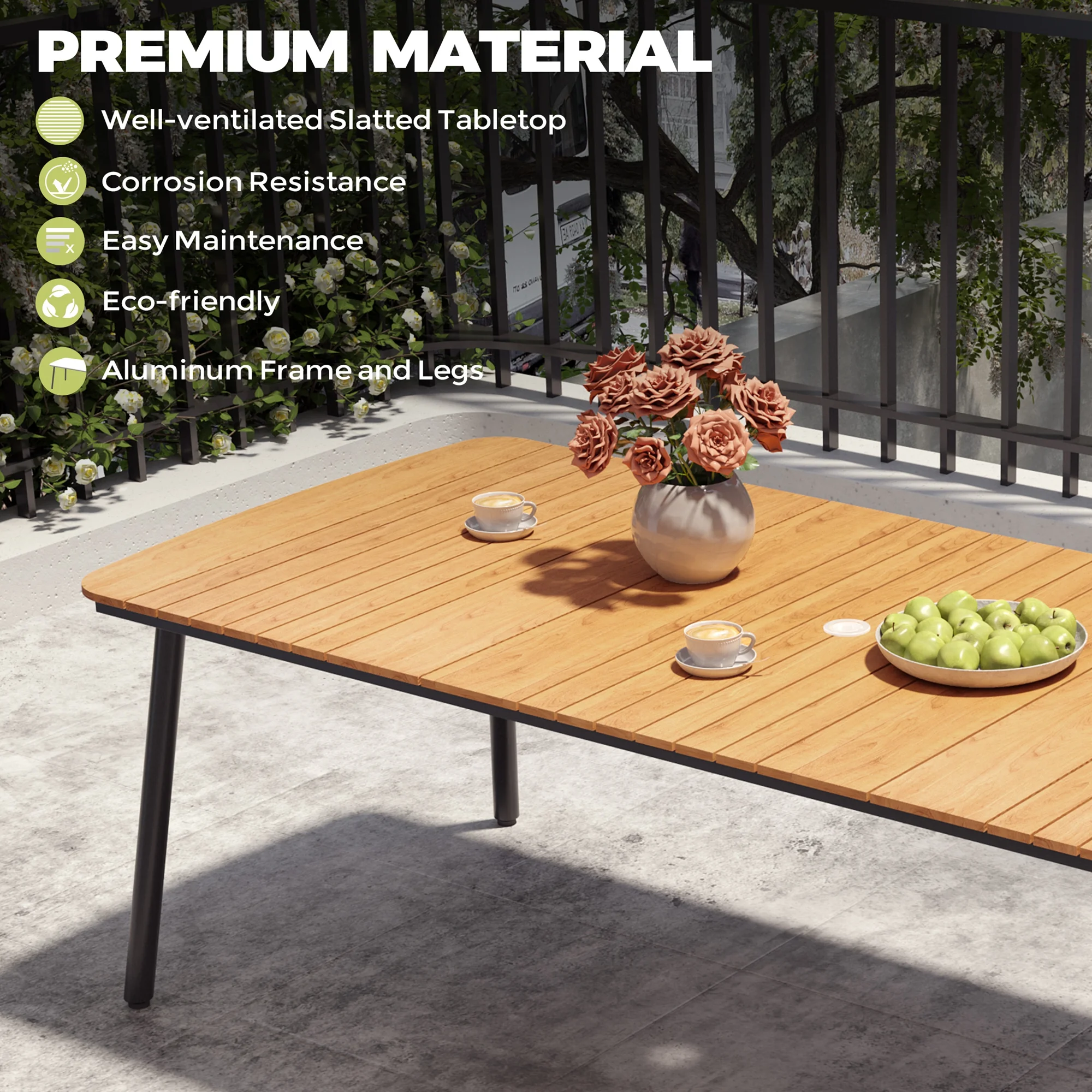 93" Outdoor Dining Table for 8–10 People, Patio Rectangle Table with Wood Like Tabletop and Umbrella Hole, Aluminum Frame for Garden, Lawn, or Backyard, Brown(92 9" x 42 1“ x 29 1“/Brown) Image 6