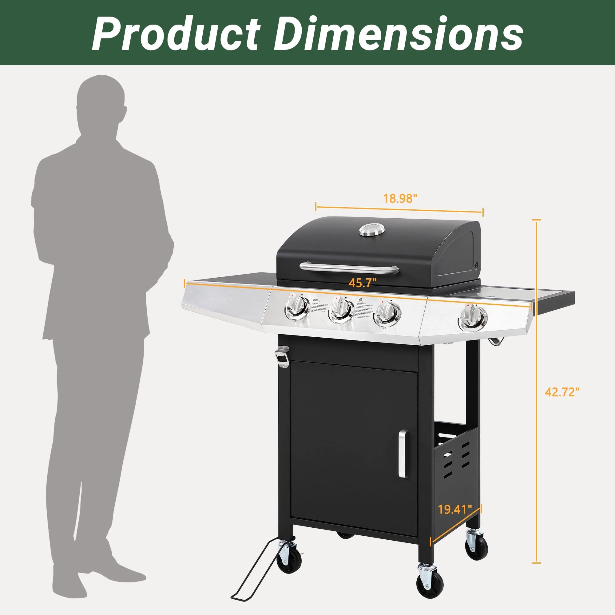 3 Burner Propane Gas Grill, 40,000BTU Stainless Steel BBQ Grill with Brush, Built-in Thermometer, 4 Universal Wheels for Outdoor Cooking Patio Backyard(40010) - Image 7