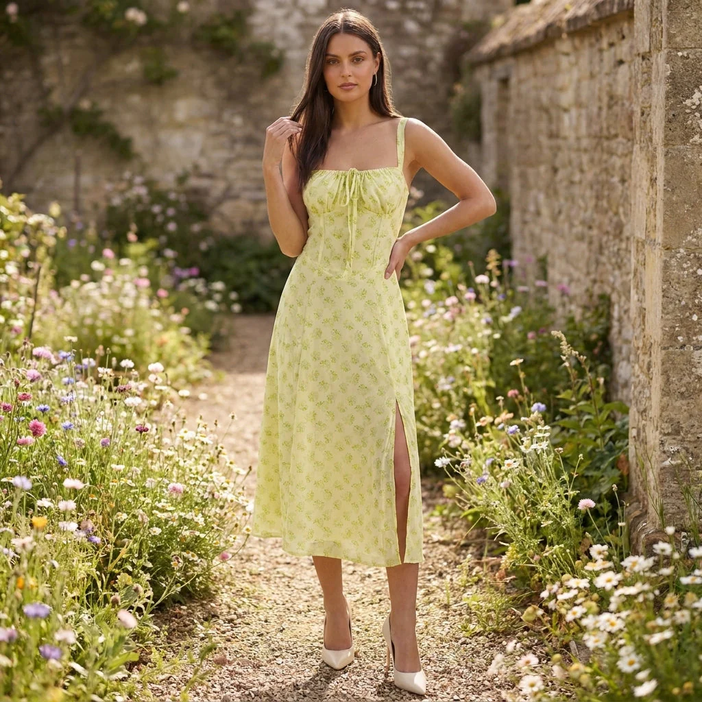 Robe midi fleurie pour femmes, idéale pour les invitées de mariage