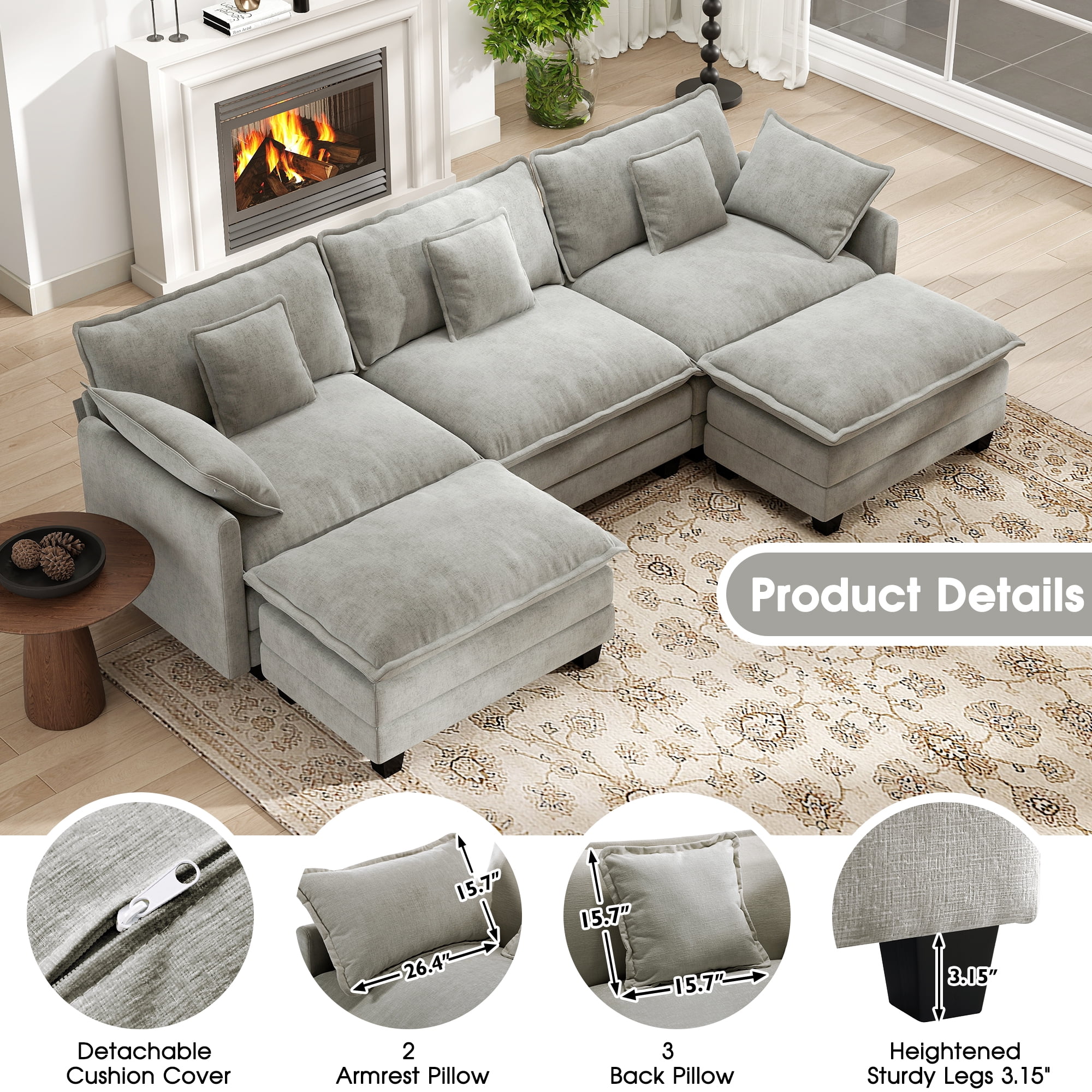Bedluxury 111.5'' Modular Sectional Sofa with Movable Ottomans, U Shaped Cloud Couch for Living Room, 3 - Seat, Grey