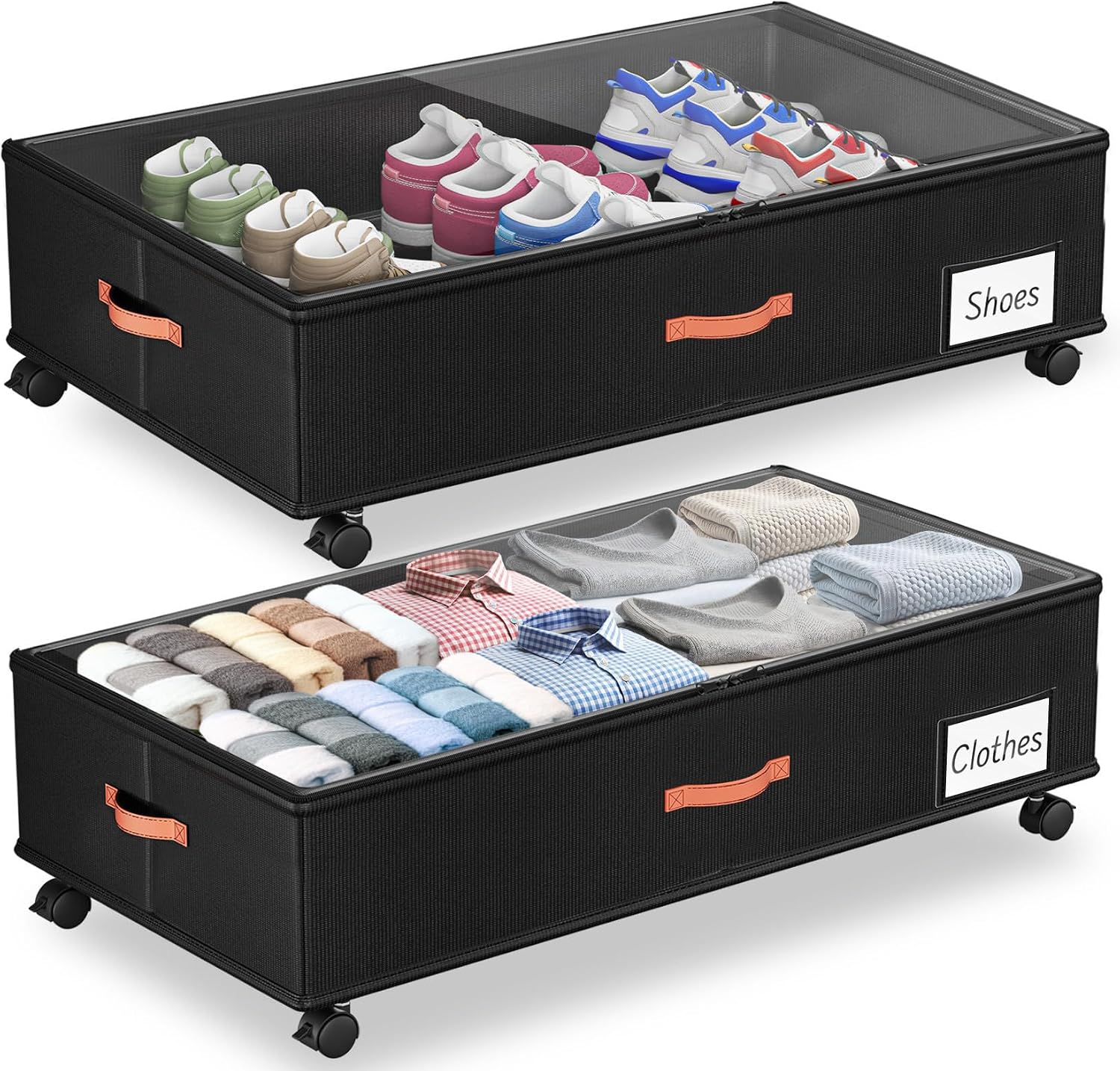 Under Bed Storage with Wheels, 2-Pack Under Bed Storage Containers with Clear Lids, XXL Large Under the Bed Storage Organizer Bins with Handles, Space-Saving Design for Clothes, Shoes, Books - Black