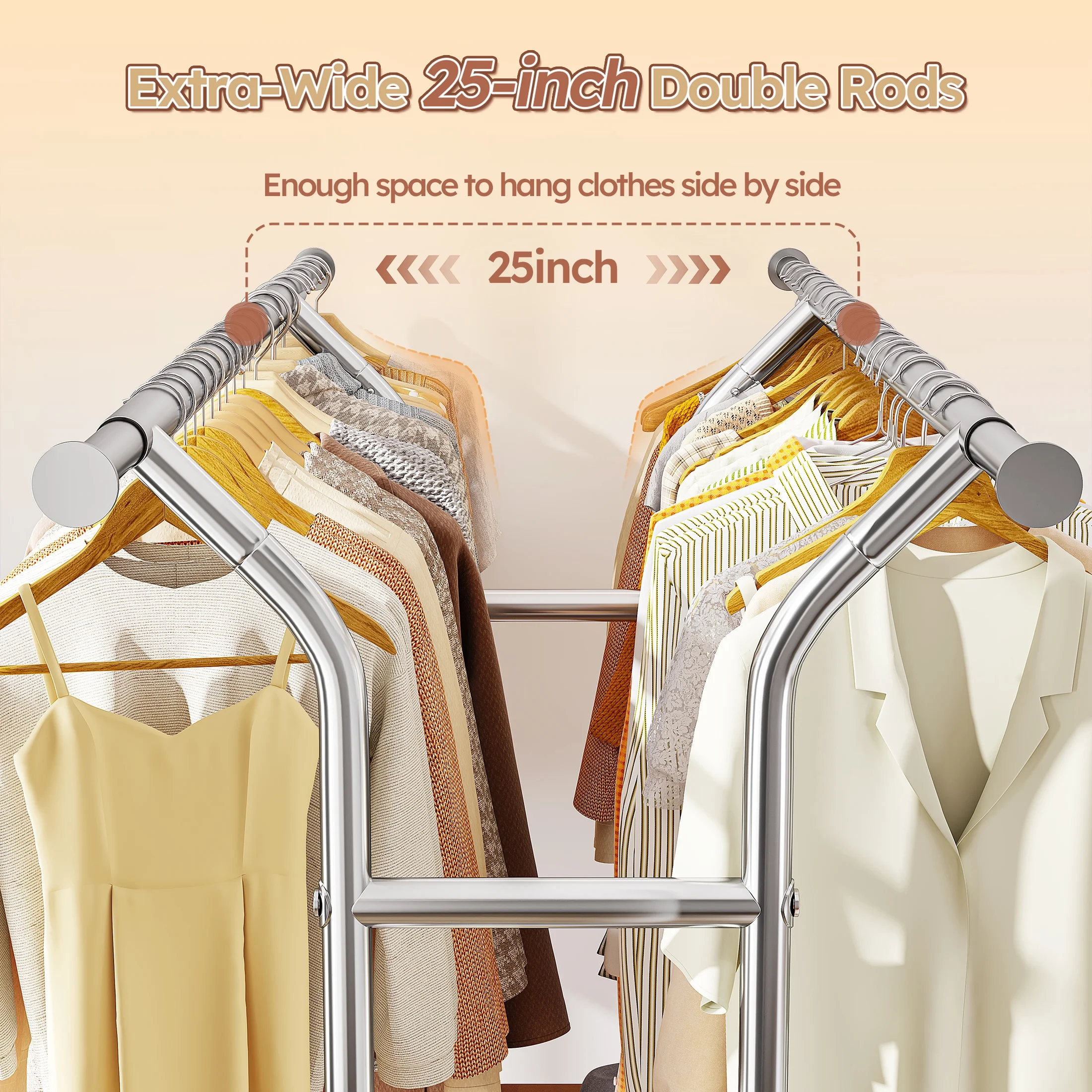 Clothes Rack with Wheels, Heavy-Duty Garment Rack for Hanging Clothes, Adjustable Freestanding Wardrobe Organizers and Storage with Double Sheves - Image 3
