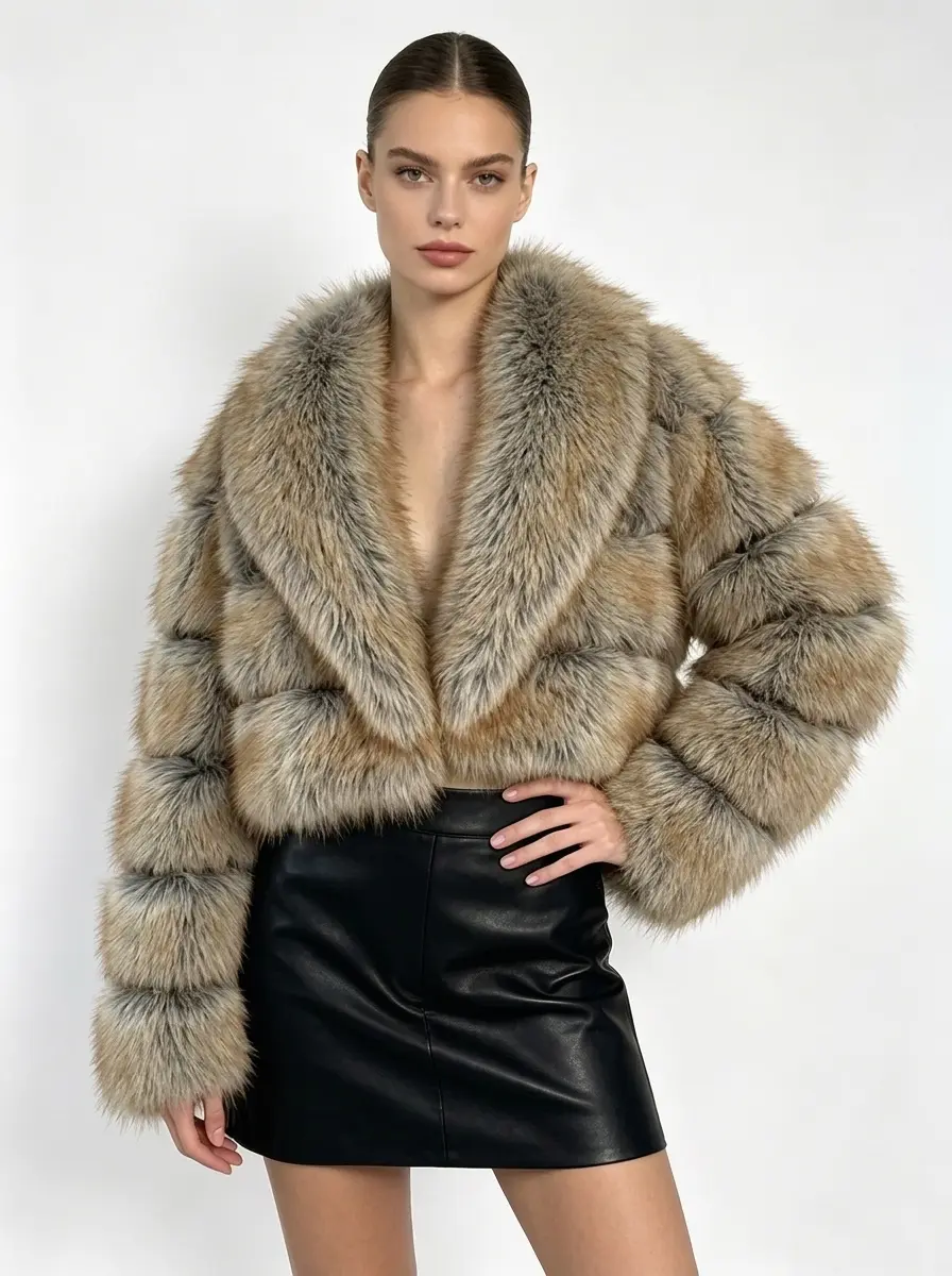 Woman wearing khaki short oversized lapel faux fur jacket, front view