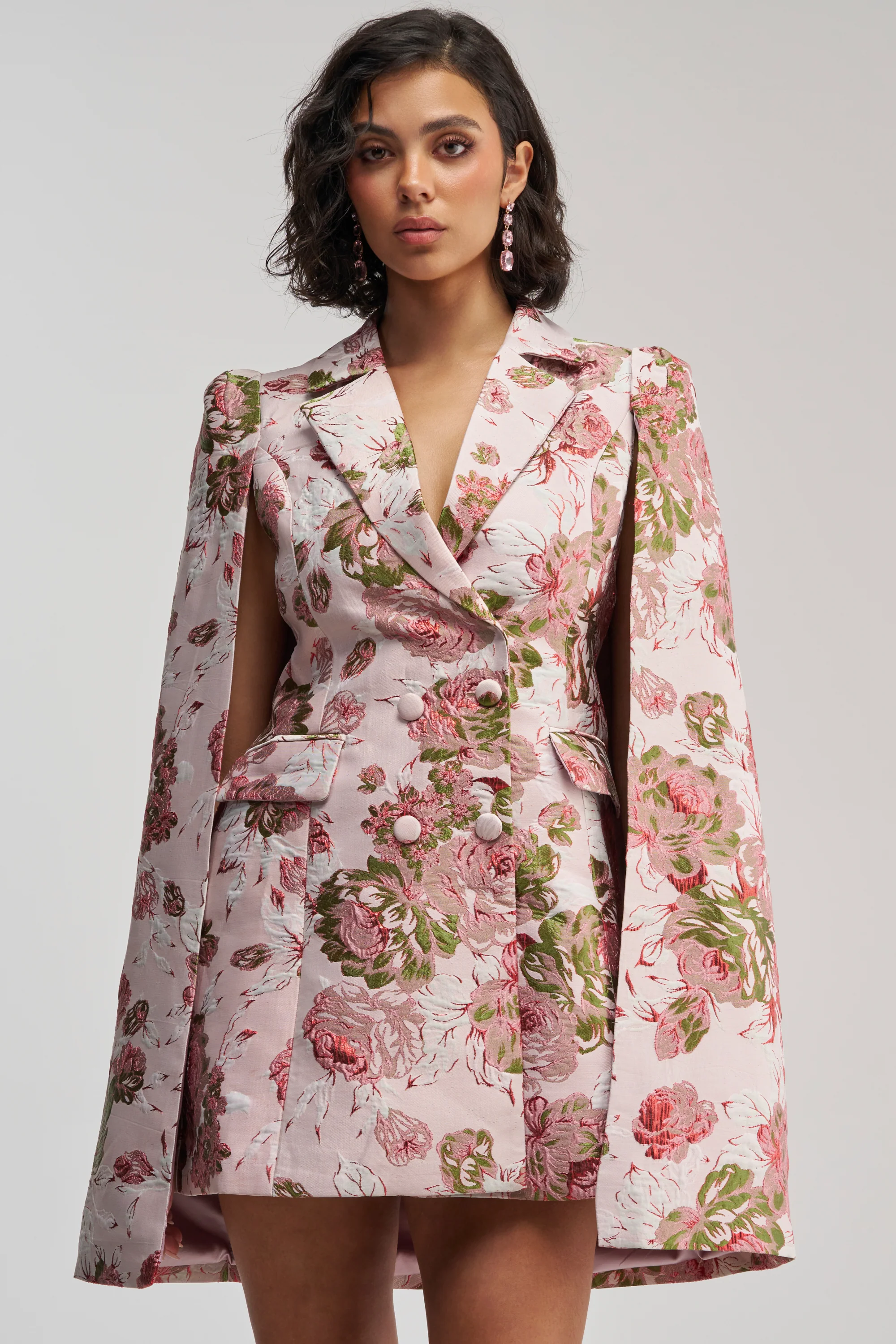 IMANI BROCADE CAPE SLEEVE BLAZER DRESS IN PINK - Akira Store