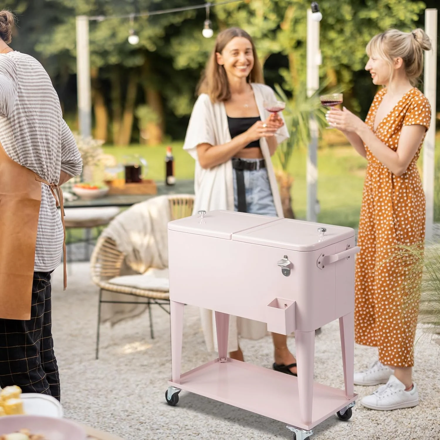80 Quart Rolling Ice Chest, Portable Bar Drink Cooler with Catch Basin, Bottom Storage Tray and Bottle Opener for Patio Party BBQ Beach Activities(Pink) - Image 8