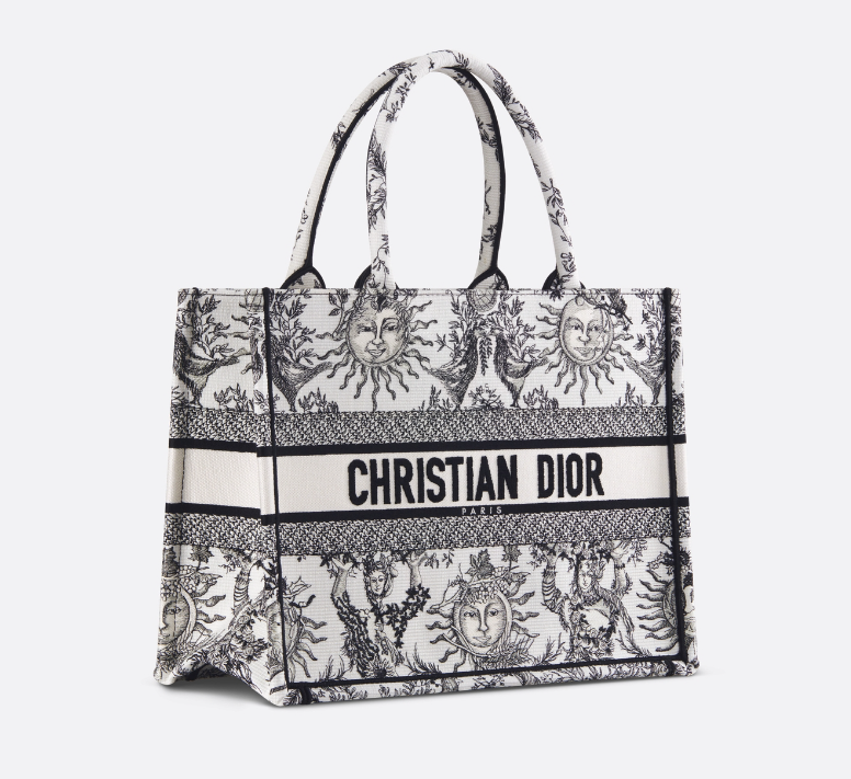 D Book Tote  White and Black Toile de Jouy Soleil Embroidery