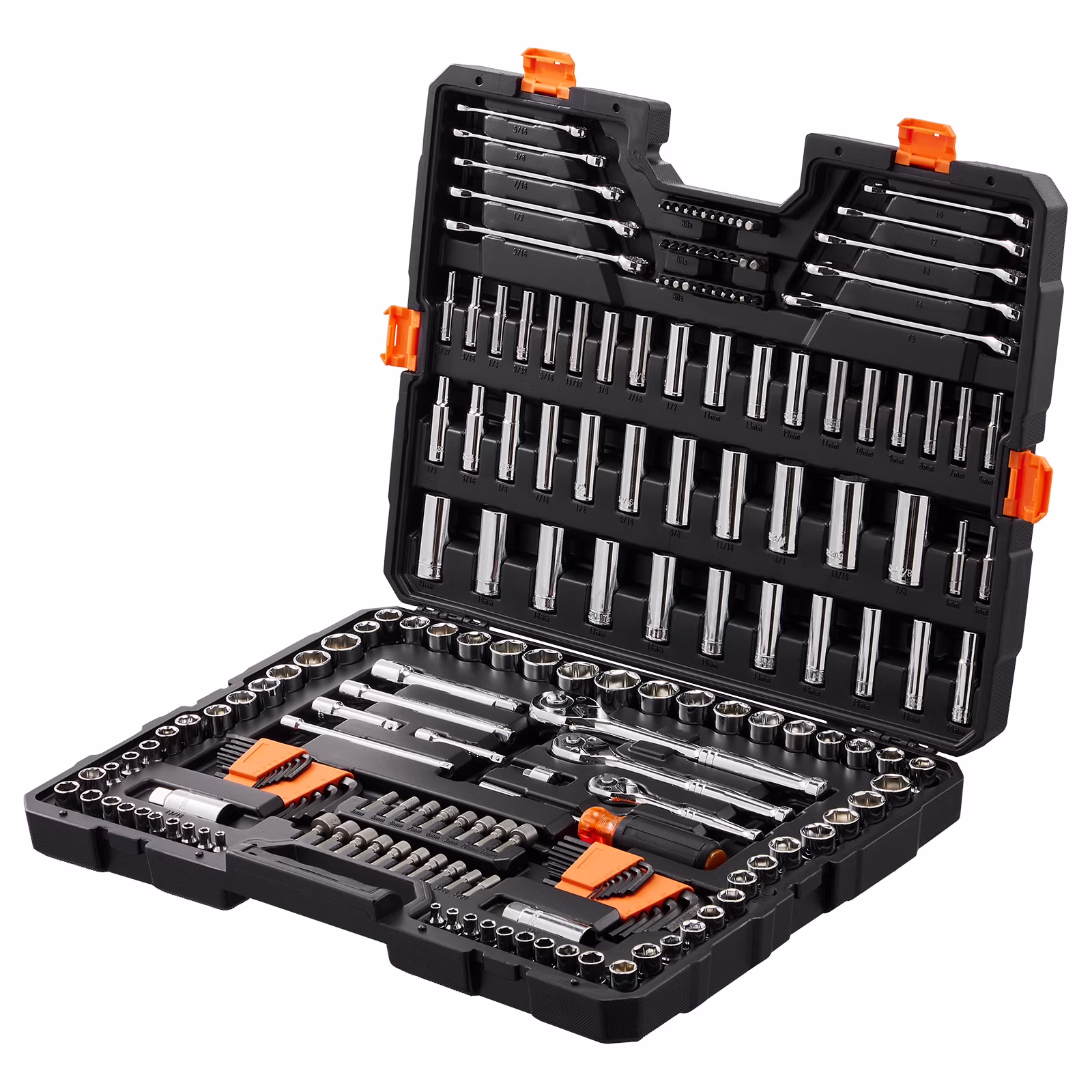 KFFKFF Mechanics Tool Set and Socket Set, 1/4 and 3/8 Drive Deep & Standard Sockets, 205 Piece SAE and Metric Mechanic Tool Kit with Bits, Combination Wrench, Hex Wrenches, Accessories