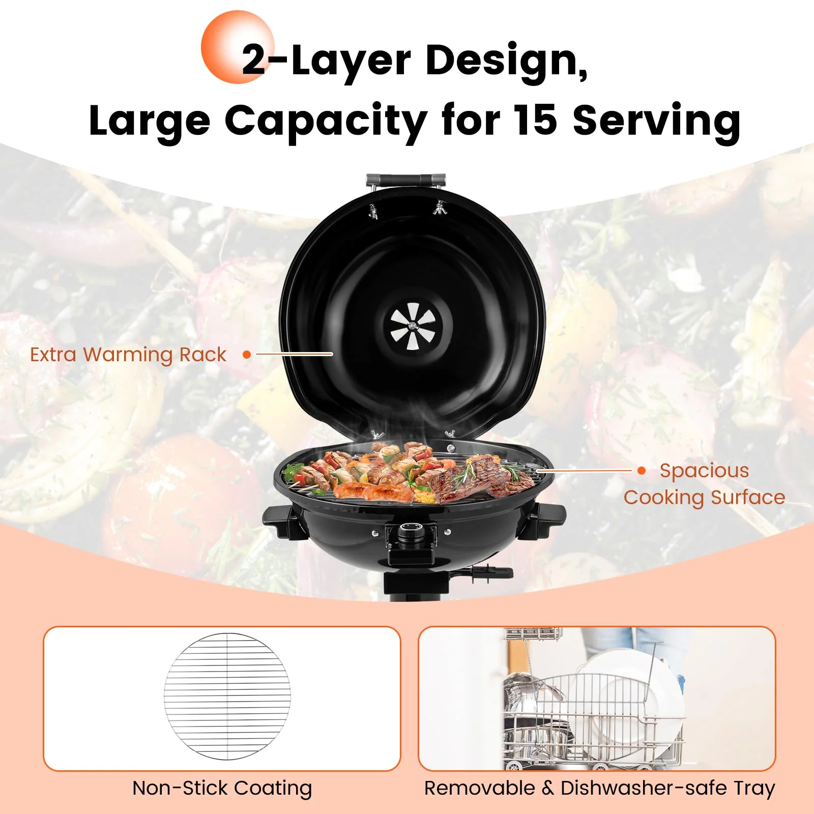 1600W Electric Grill Outdoor, 15 Serving Freestanding Camping Grill with Warming Rack, Removable Oil Drip Tray, Adjustable Temperature Control, Portable BBQ Grill for Patio, Backyard (Black) Image 4