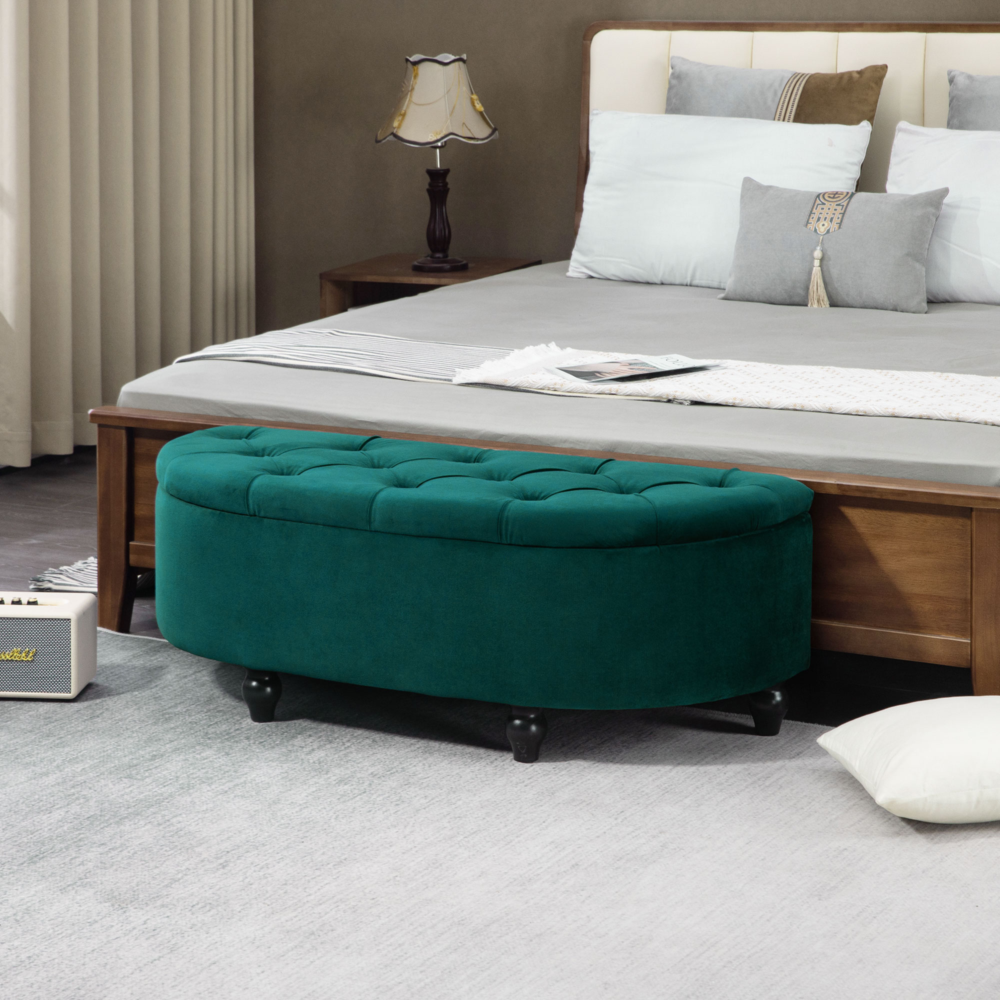 HOMCOM Kruk met Opbergruimte, 2-in-1 Poef, Gepolsterd, Fluwelen Bekleding, Hydraulische Dempers, 120 x 46 x 42 cm, Donkergroen