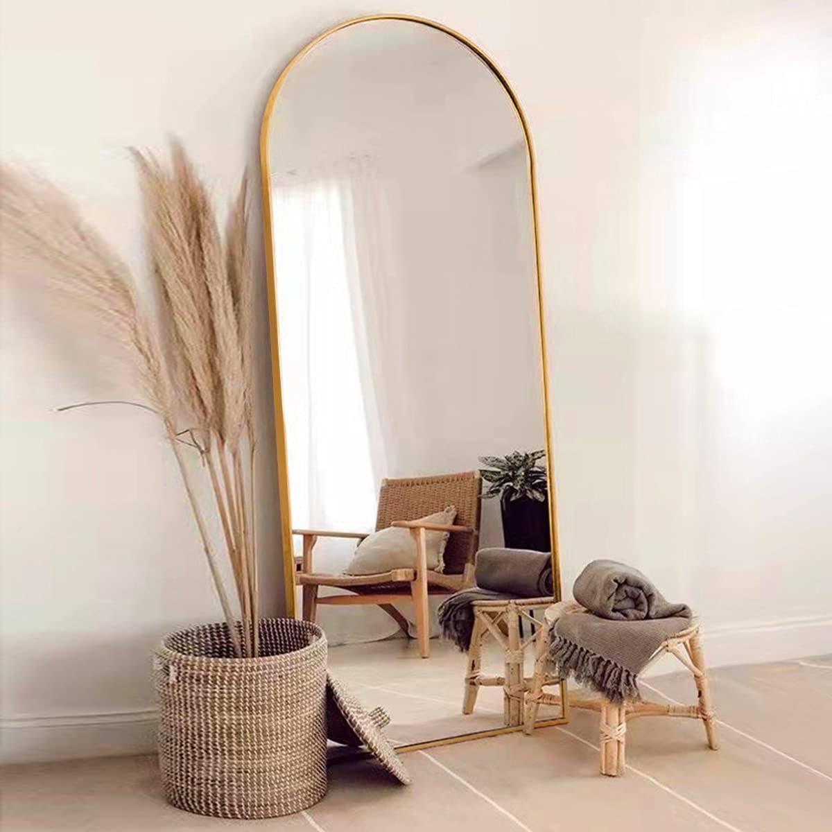 FVANF Floor Mirror, Arched Full Length Mirror Standing Hanging or Leaning, Gold