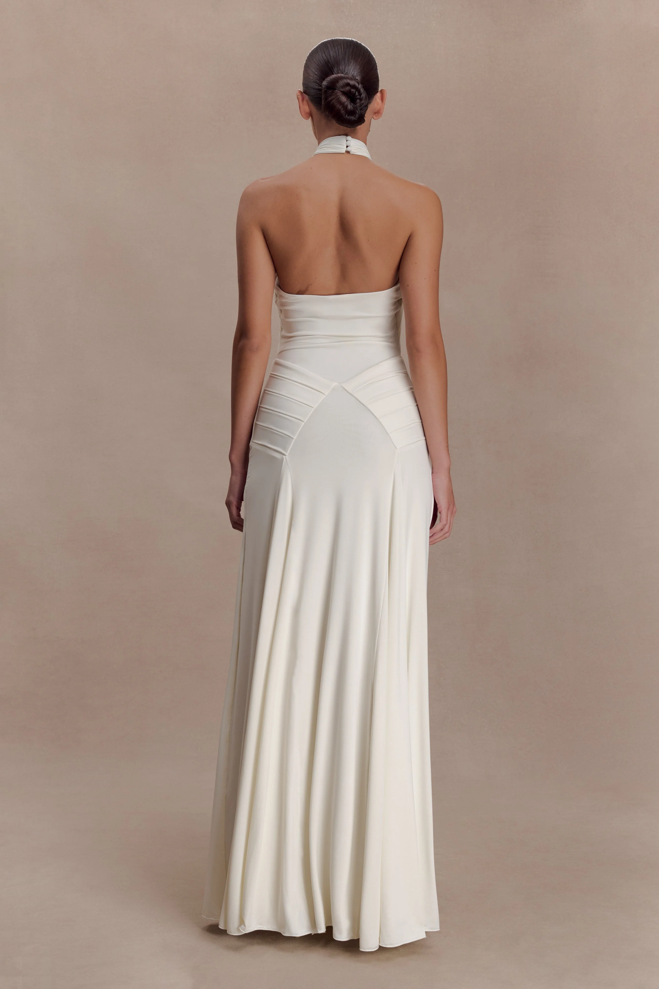 Indira Gathered Slinky Halter Maxi Dress - Ivory