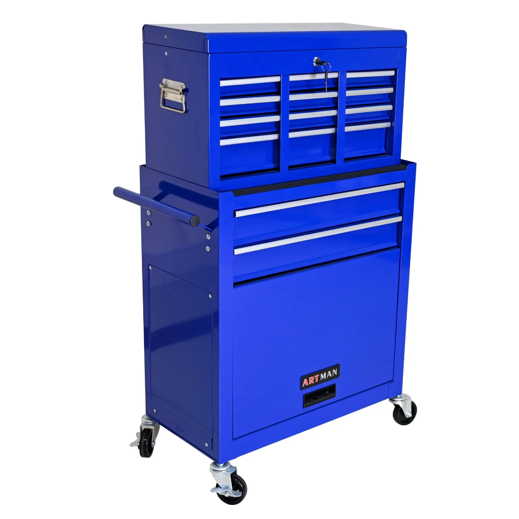 Multifunctional 8 Drawer Rolling Tool Chest with Pull Handle and Brake,  Steel Construction Tool Cart with Storage Cabinet and Holidng Panel for Garage, Warehouse, Workshop, Repair Shop, Navy Blue