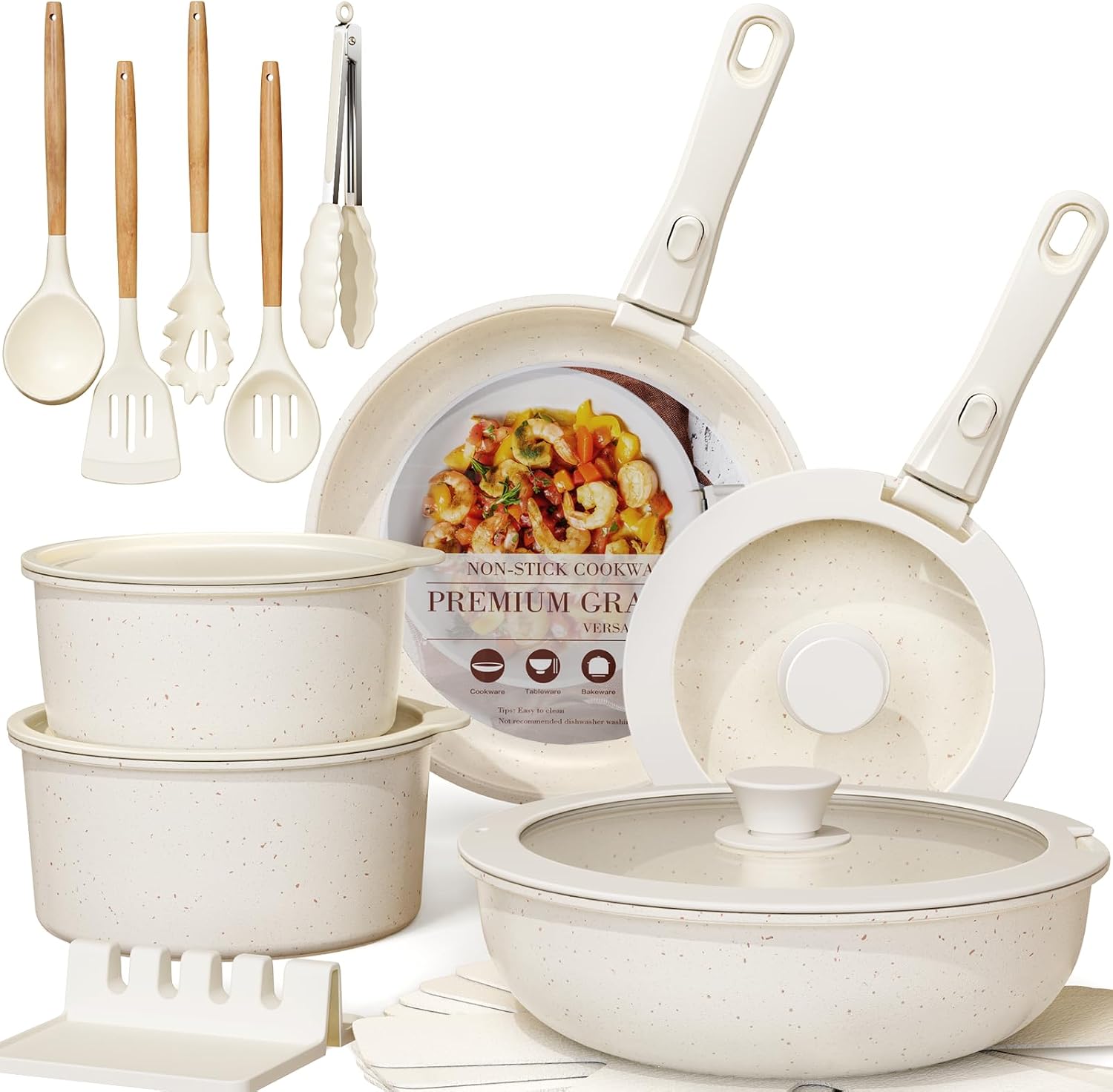 Astercook 21 Pcs Pots and Pans Set Non Stick, Ceramic Cookware Set with Detachable Handle, RV Kitchen Cooking Set with Removable Handles, Oven Safe, Induction Ready, Stackable, Cream, Father's Day Gift for Men