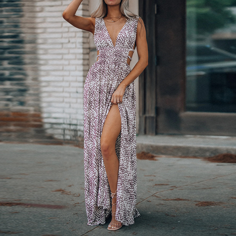 Robe imprimée sans manches à col V et fente, très tendance