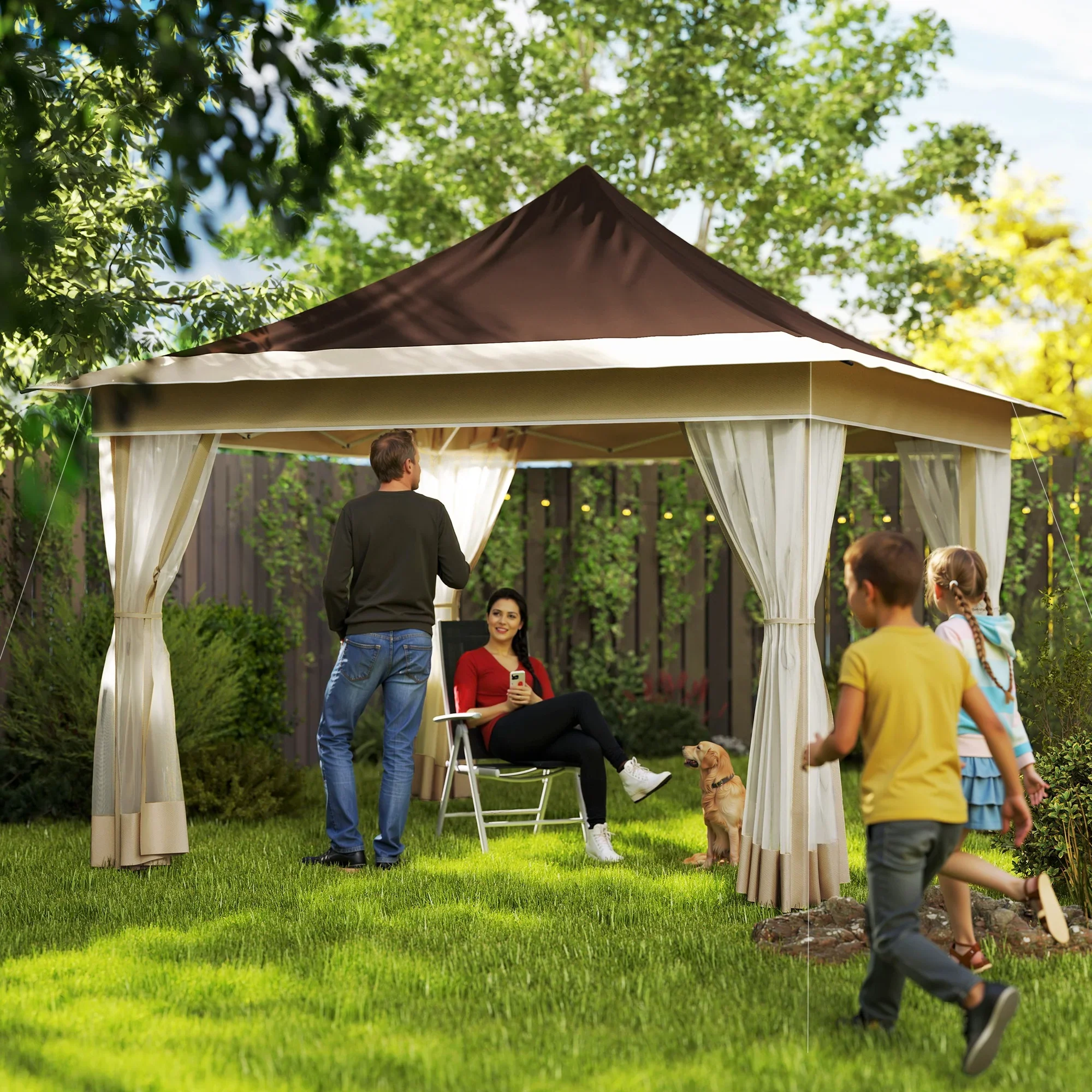 Homiyad 12' x 12' Canopy Tent with Mesh Netting, UPF50+ Pop Up Tent with Carry Bag for Garden, Patio, Brown