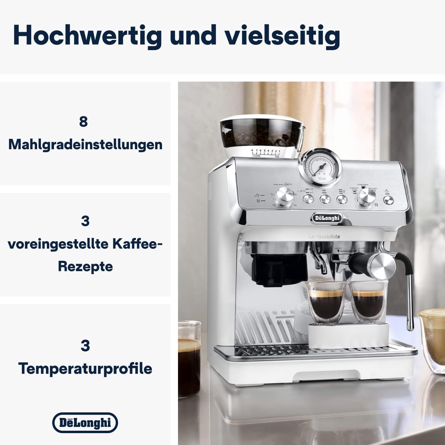 De'Longhi La Specialista Arte EC9155. MB Machine met zeven dragers, espressomachine met molen, 8 malingen, 15 bar, 3 temperaturen, melkopschuimmondstuk, 1300 W, tank van 1,5 l, roestvrij staal/zwart incl. barista-kit