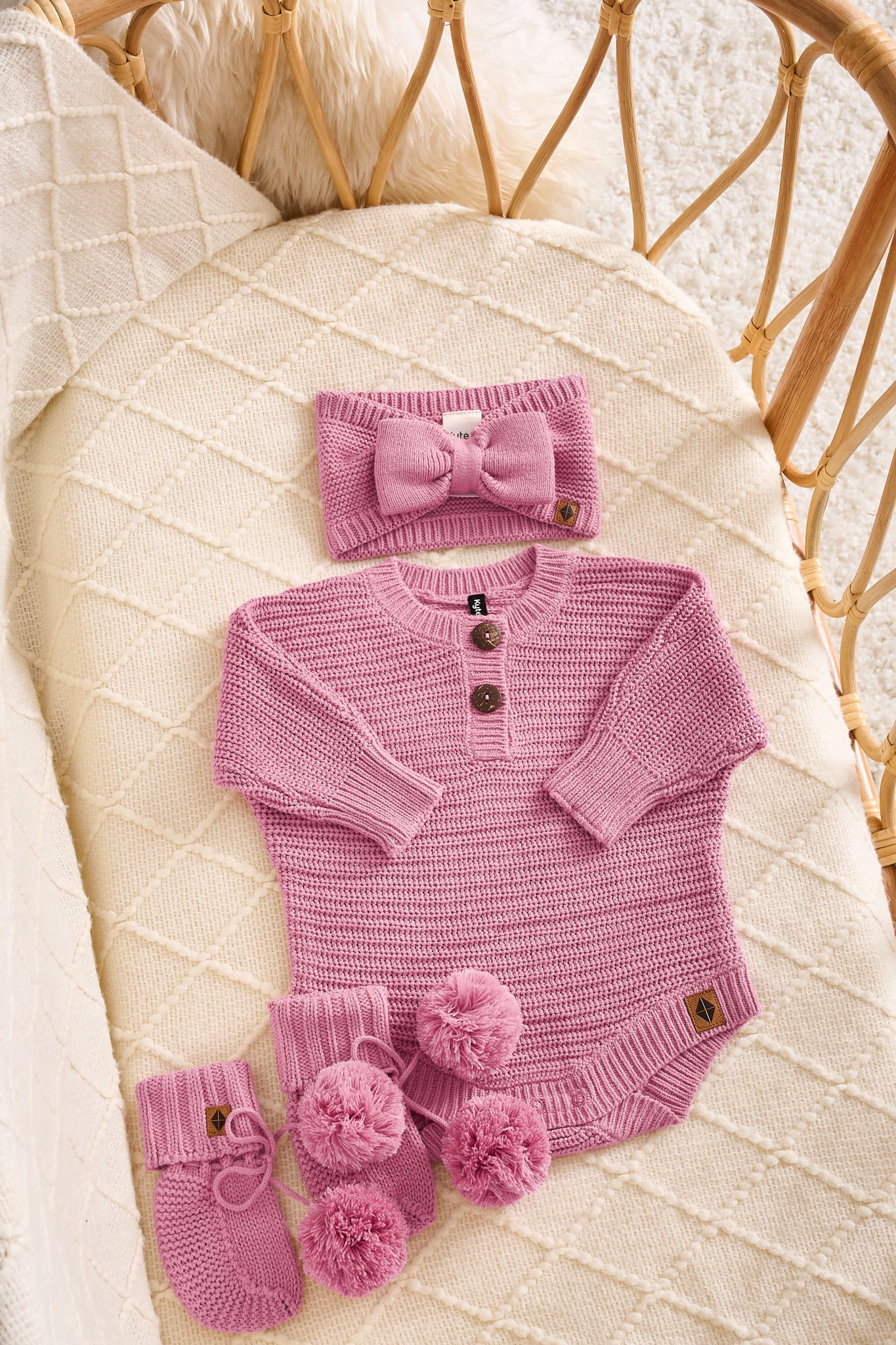 Chunky Knit Romper Set with Bow & Booties in Apple Blossom