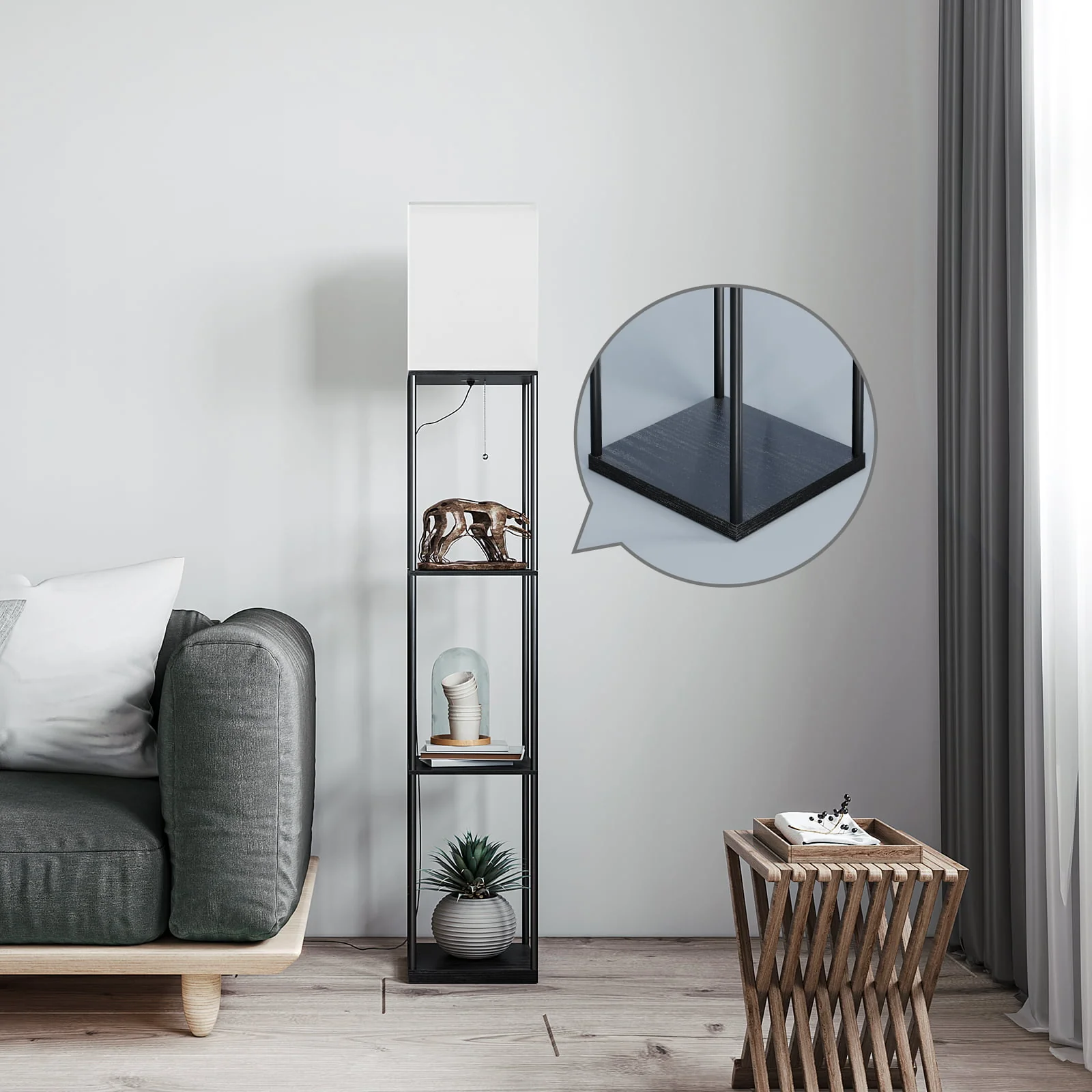 Modern Iron Shelf Floor Lamp with 3 Way Dimmable LED Bulb, Shelves and White Shade for Living Room and Bedroom(Black) Image 9