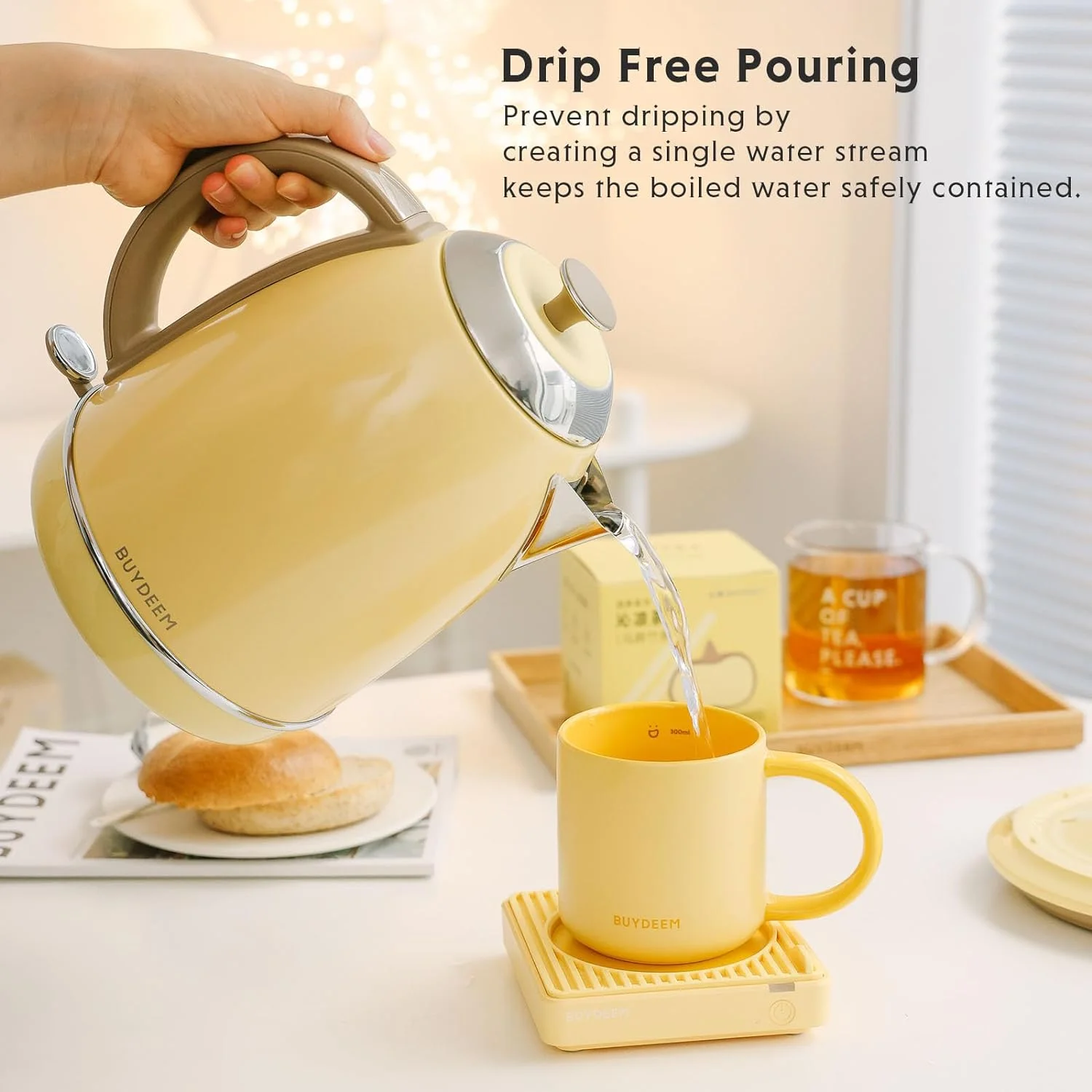 K640N Stainless Steel Electric Kettle with Auto Shut-Off Boil Dry Protection, 1.7L Cordless Hot Tea Water Boiler with Swivel Base, 1440W Fast Heating(Yellow) - Image 5