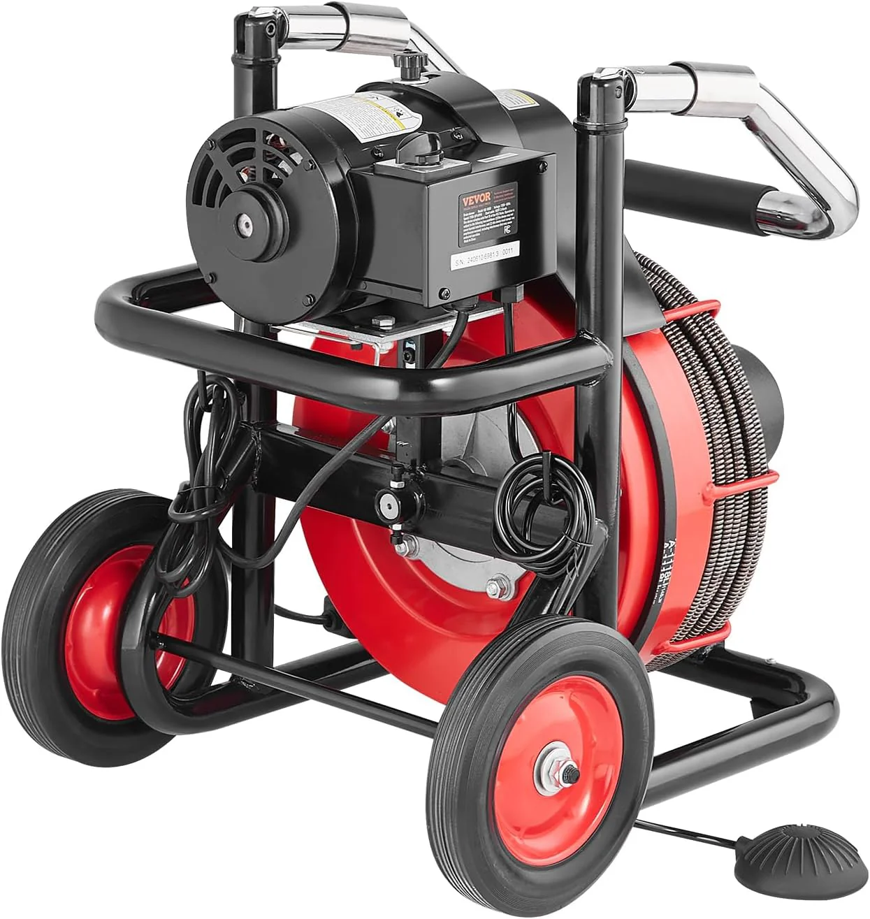 Déboucheur de canalisations portable 100 pi x 1/2 pouce, à alimentation automatique, sur roues, 550 W, avec 8 lames et interrupteur au pied pneumatique pour tuyaux de 2 à 4 pouces.