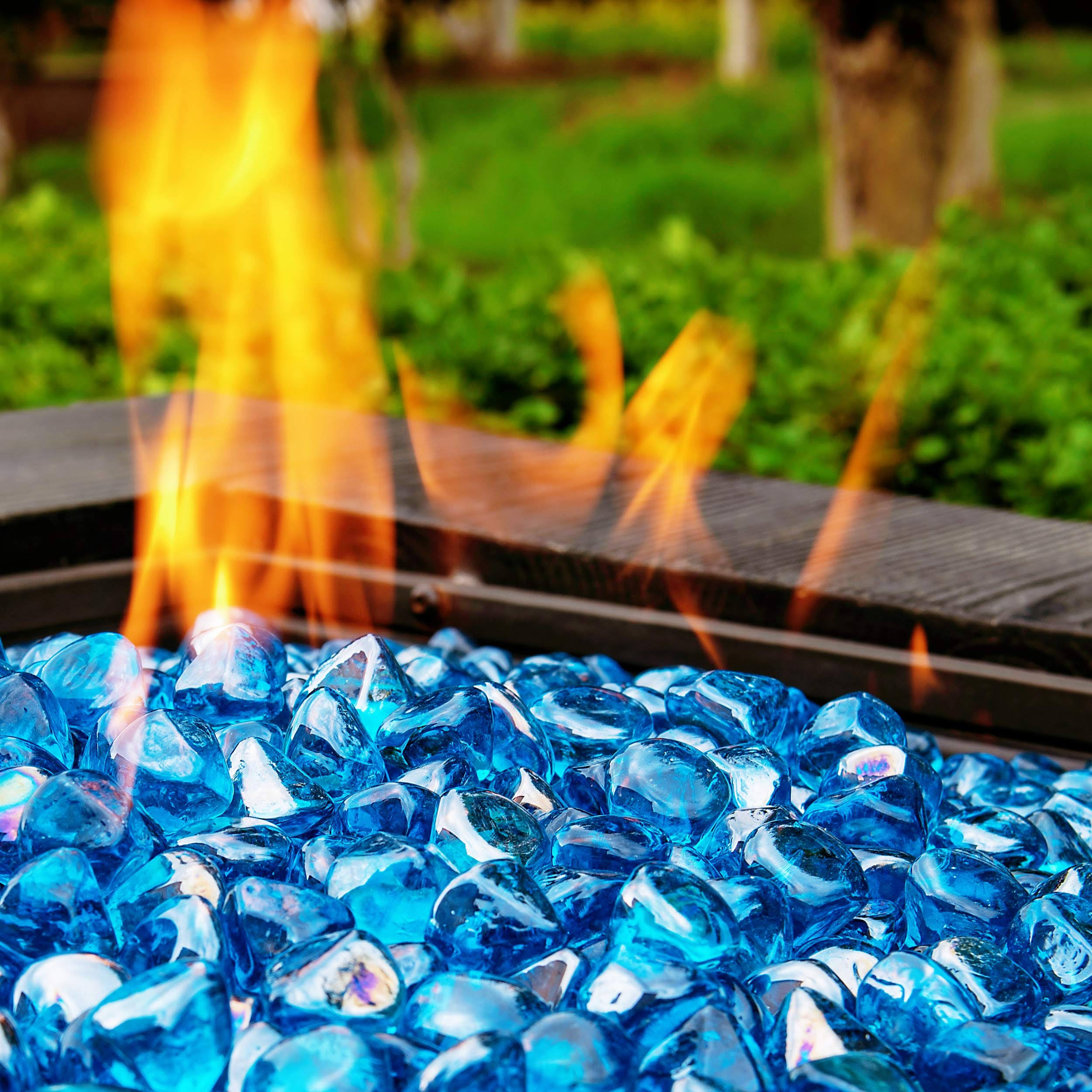 Chilli Cosmos Fire Glass Diamond 1 inch Fire Pit Glass Rocks for Propane or Gas Fire Pit (10 Pounds Margarita Azura Blue ) Gift Package