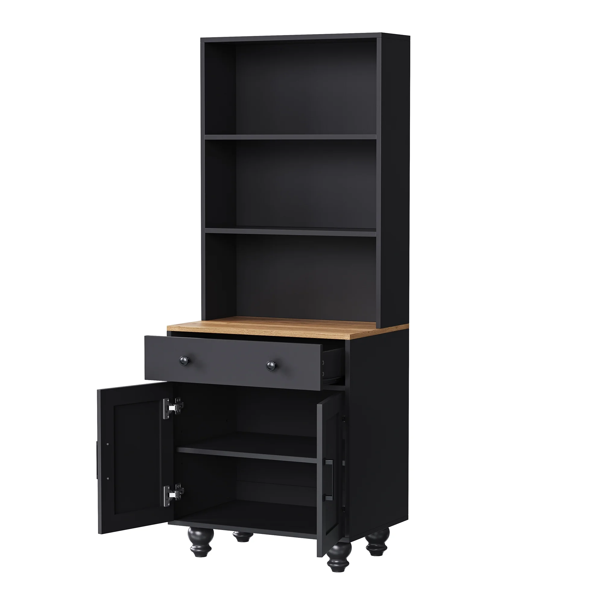 Kitchen Pantry Storage Cabinet, Farmhouse Kitchen Hutch Cabinet with Adjustable Shelves and Drawers, Gourd-shaped Legs, 5 Tier Floor Book Shelf for Study Room(Black + Dark Walnut) - Image 2