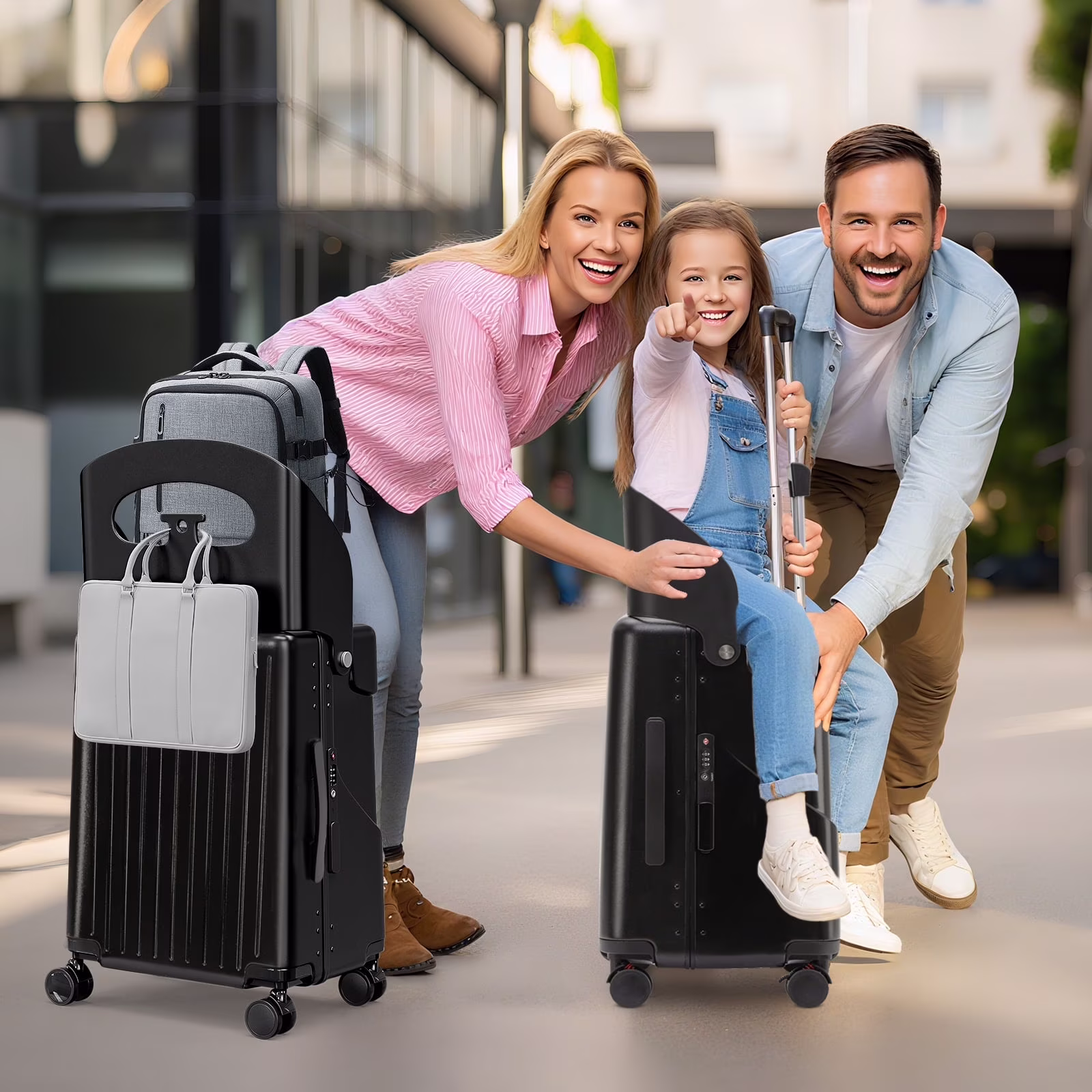 20 Inch Carry On TSA Lock Luggage with Foldable Seat for Kids Adult,Lockable Spinner Wheels Free Luggage Cover and Safety Seatbelt Travel Suitcase