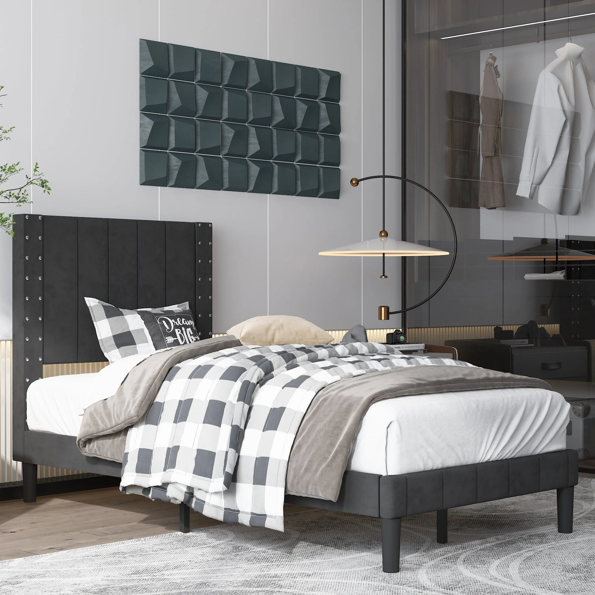 BTMWAY Twin Size Bed Frame, Upholstered Fabric Platform Bed with Riveted Decorative Headboard, No Box Spring Needed, Twin Bed Frame for Kids Teens Adults, 500lbs Capacity, Easy Assembly, Black(Twin/Beige)