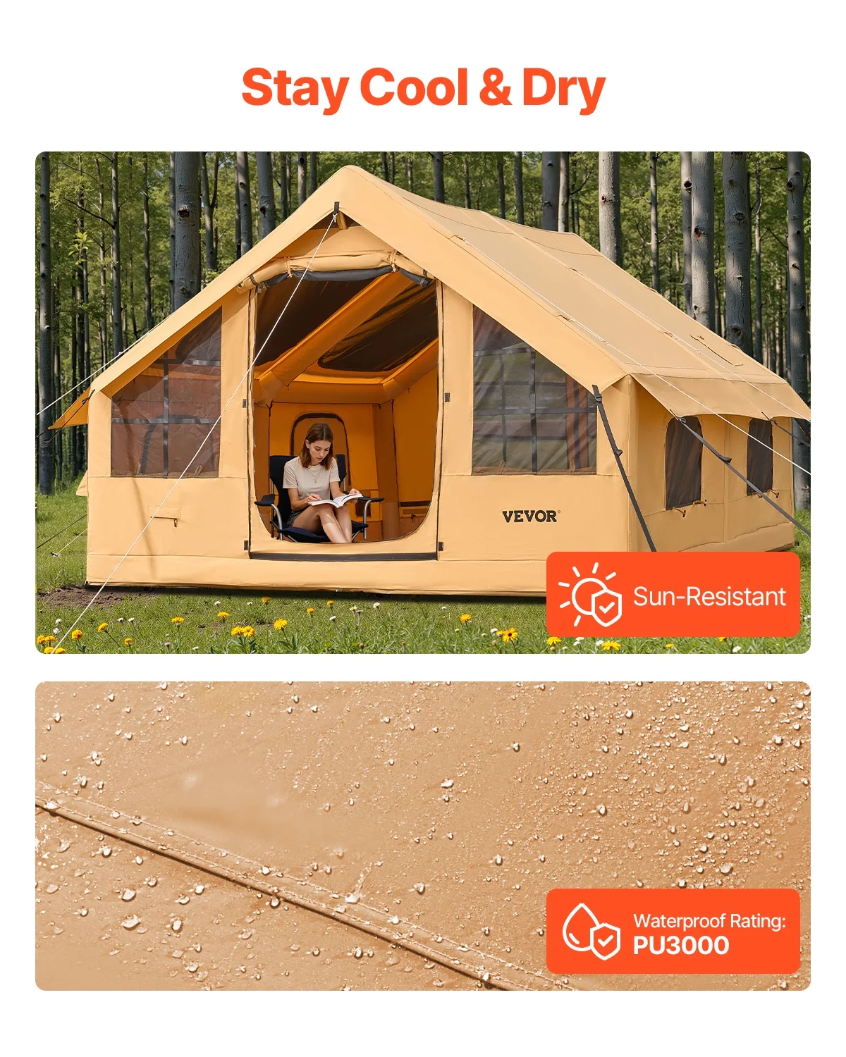 Inflatable Tents for Camping, 5-8 Person Easy Setup Blow up Tent with Hand Pump, Luxury Glamping Tent with 2 Skylights, Canopy, Stove Jack 2 Doors Mesh Windows (Storage Bag Included) - Image 5
