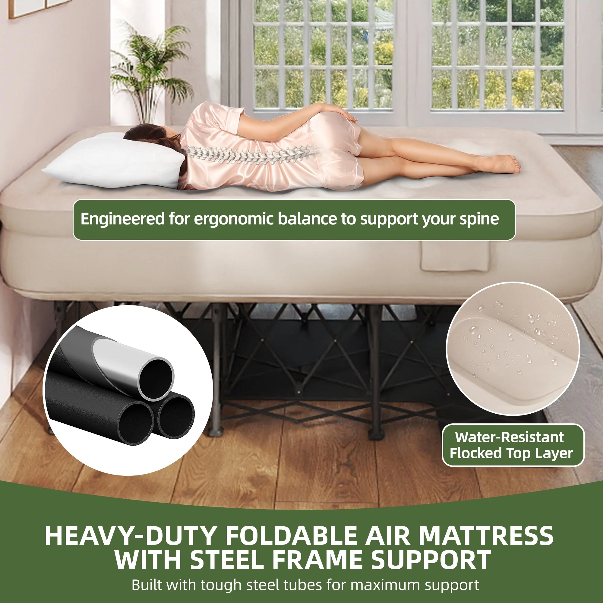 Inflatable Queen Air Mattress with Built-in Pump, Frame, Velvet Surface Portable Storage Case, Khaki(Queen/Khaki) - Image 5
