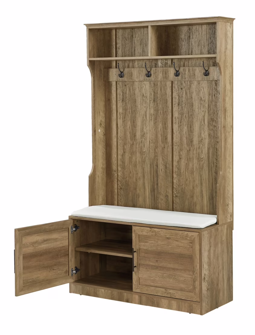 Entryway Hall Tree with Storage Bench, Wooden Coat Rack with Sponge Pad and 4 Dual Hooks, Storage Shelf Organizer with 2-Door Cabinet for Entryway, Bedroom, Easy to Assemble(Natural)
