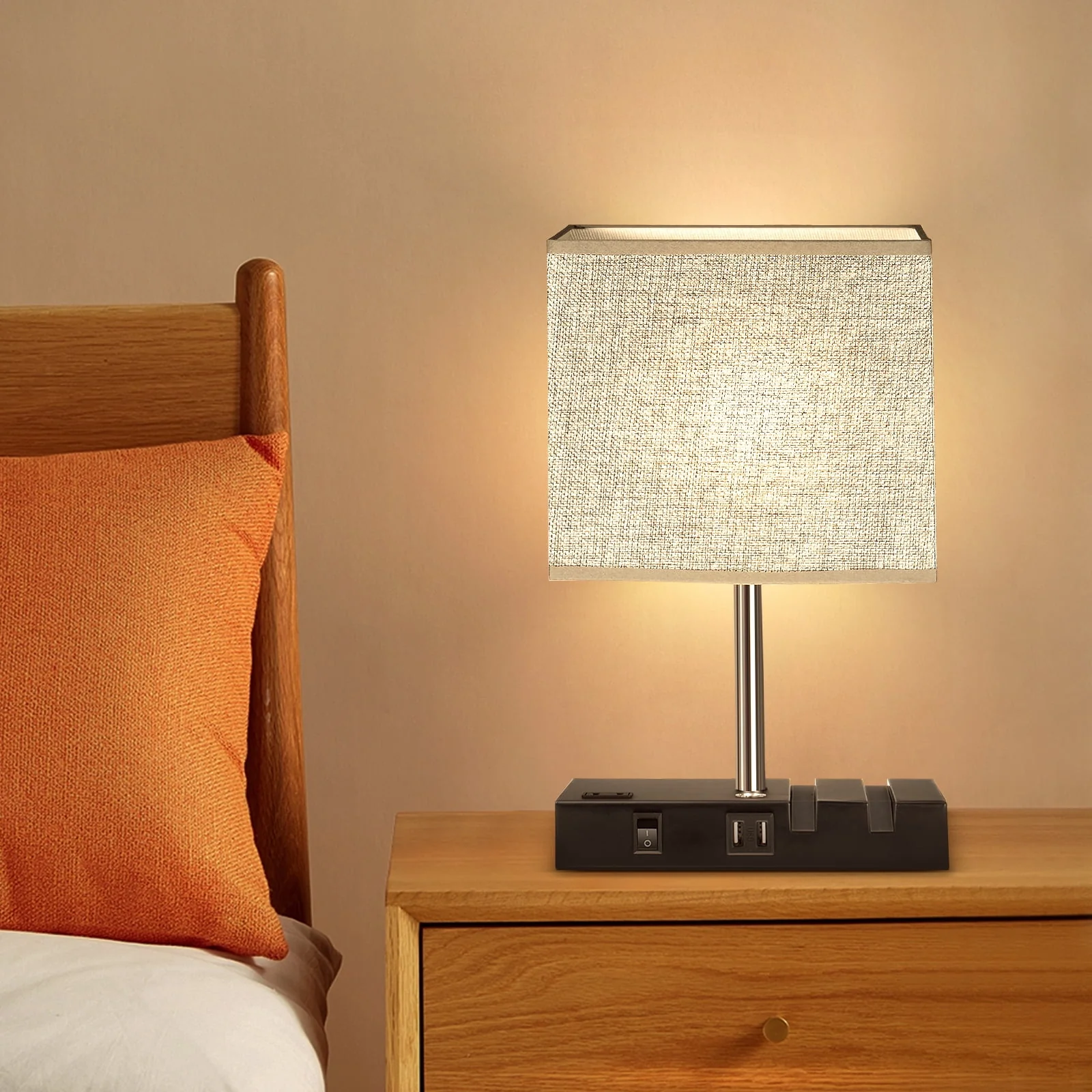 Touch Control Table Lamp with 2 USB Charging Ports, 1 AC Outlets and 2 Phone Stands, Modern USB Desk Lamp with Black Wooden Base and Grey Shade Suitable for Bedroom, Living Room Image 2