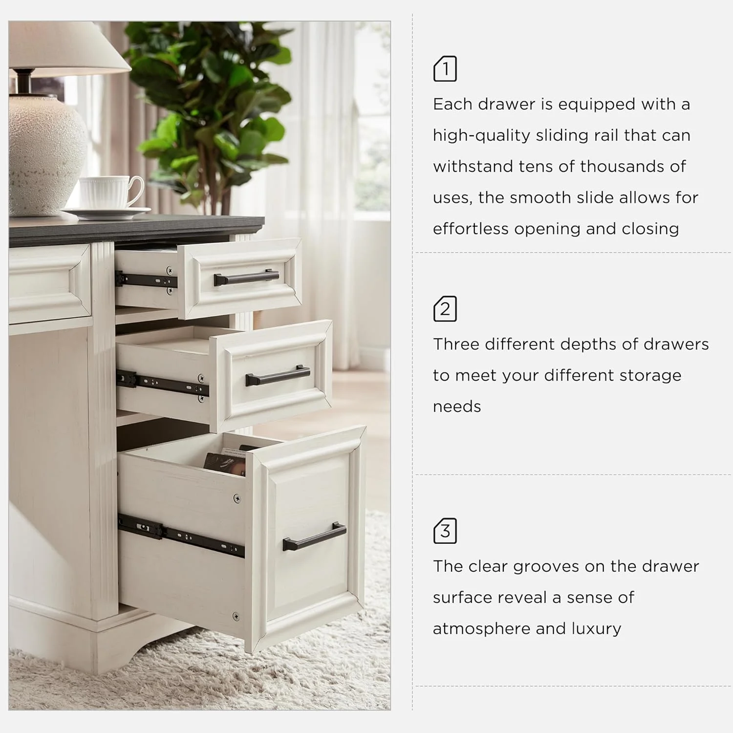 Farmhouse Wood 58" Executive Desk, Home Office 30" High Computer Desk with Drawers and Storage Cabinet, White(White) - Image 2