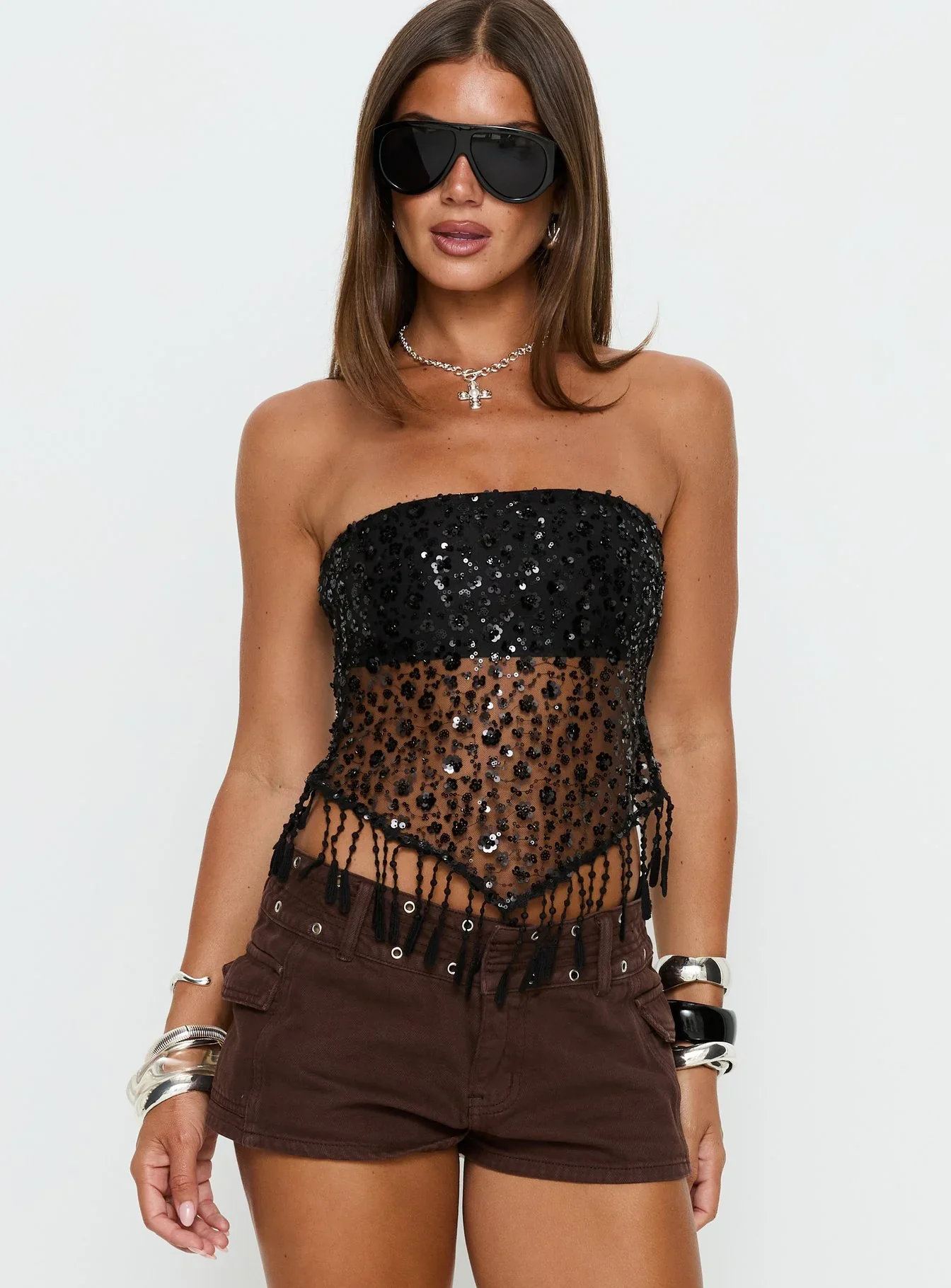 Tameika Beaded Strapless Top Black