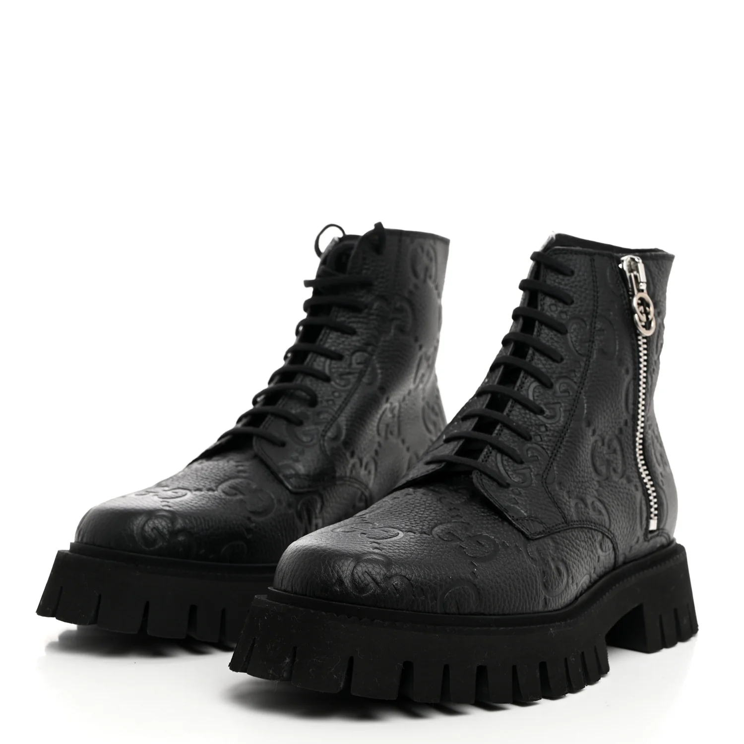 Calfskin Embossed Monogram Lace Up Ankle Boots 8 Black