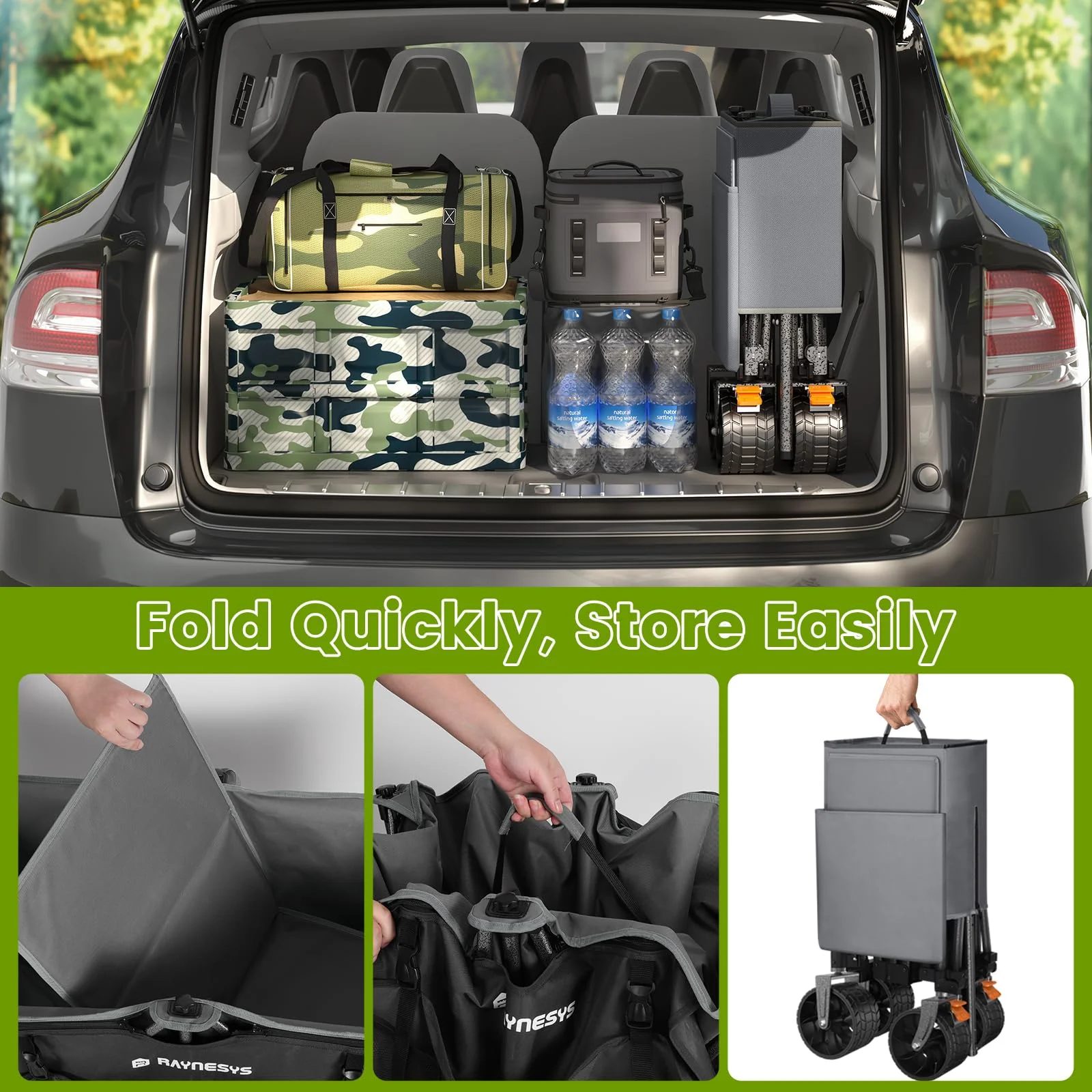 300L Foldable Wagon Cart with Wheels, 440lbs Heavy Duty Beach Wagon for Sand Sports Camping Grocery, Black Gray - Image 6