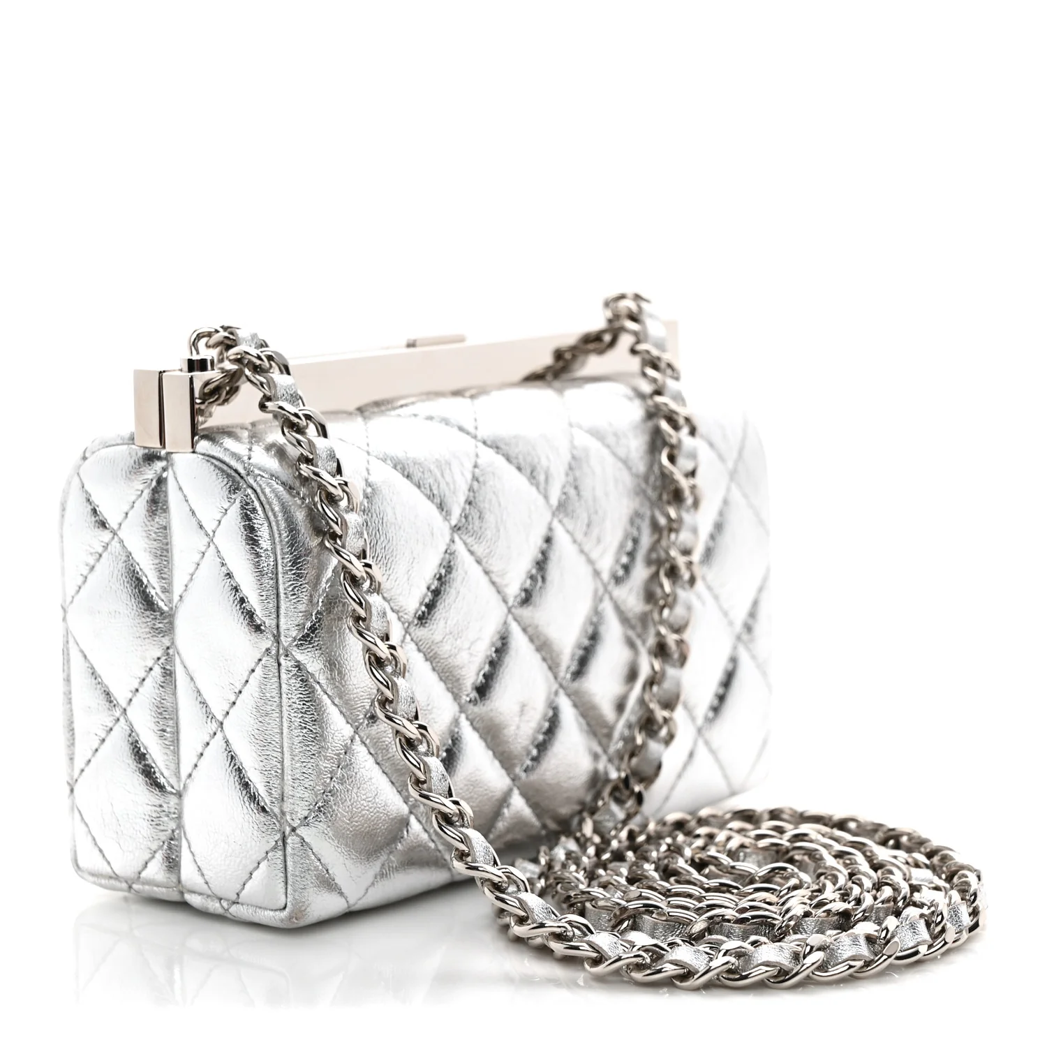 Metallic Calfskin Quilted Box Crossbody Silver