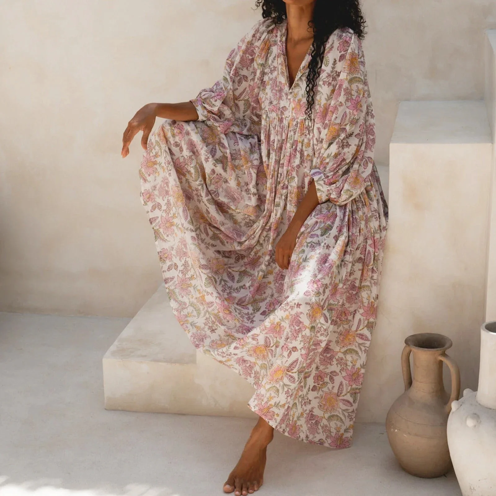Robe Longue Bohème Femme à Manches Bouffantes - Idéale Été Élégante