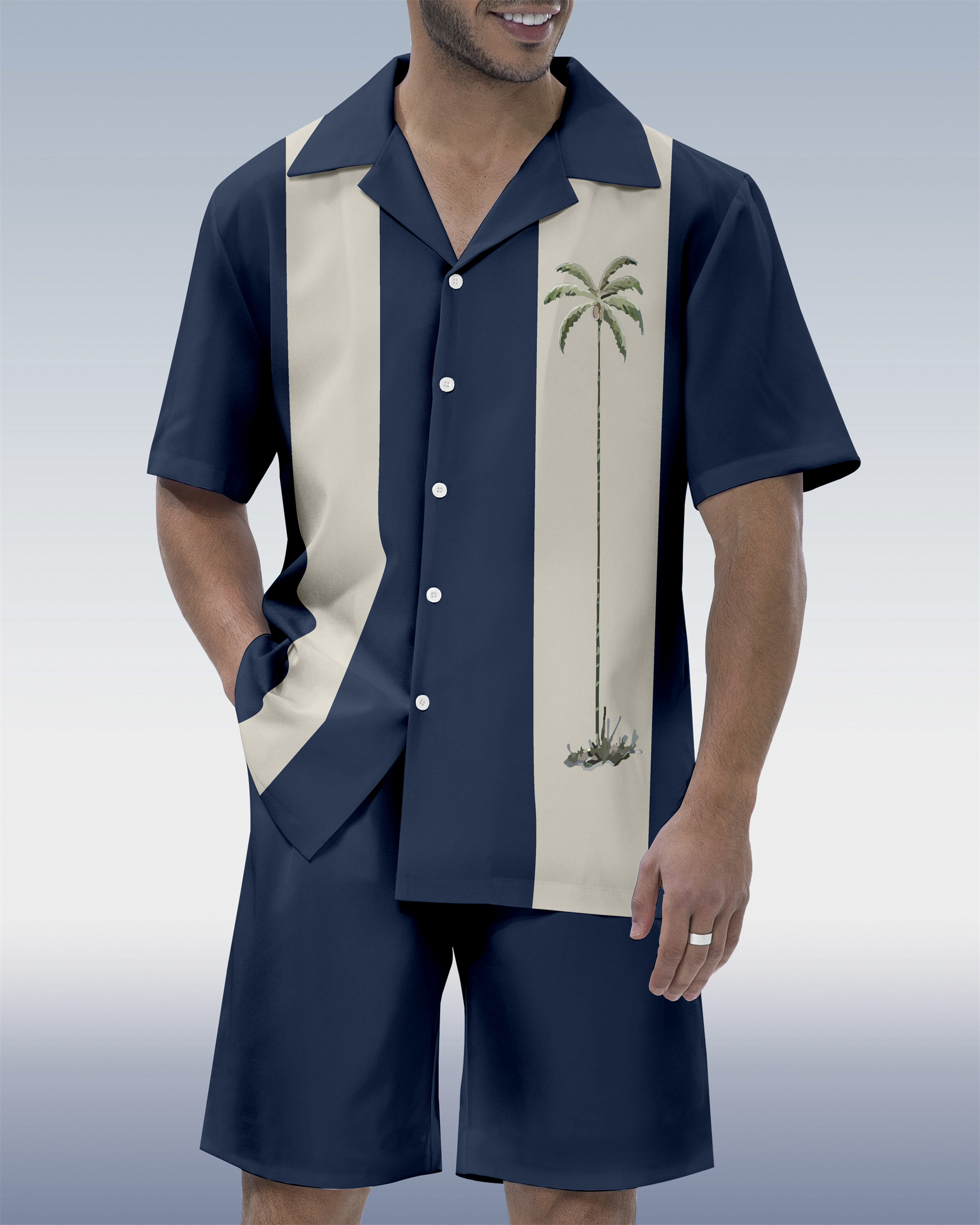 Ensemble chemise à manches courtes et col cubain imprimé tiki hawaïen pour homme